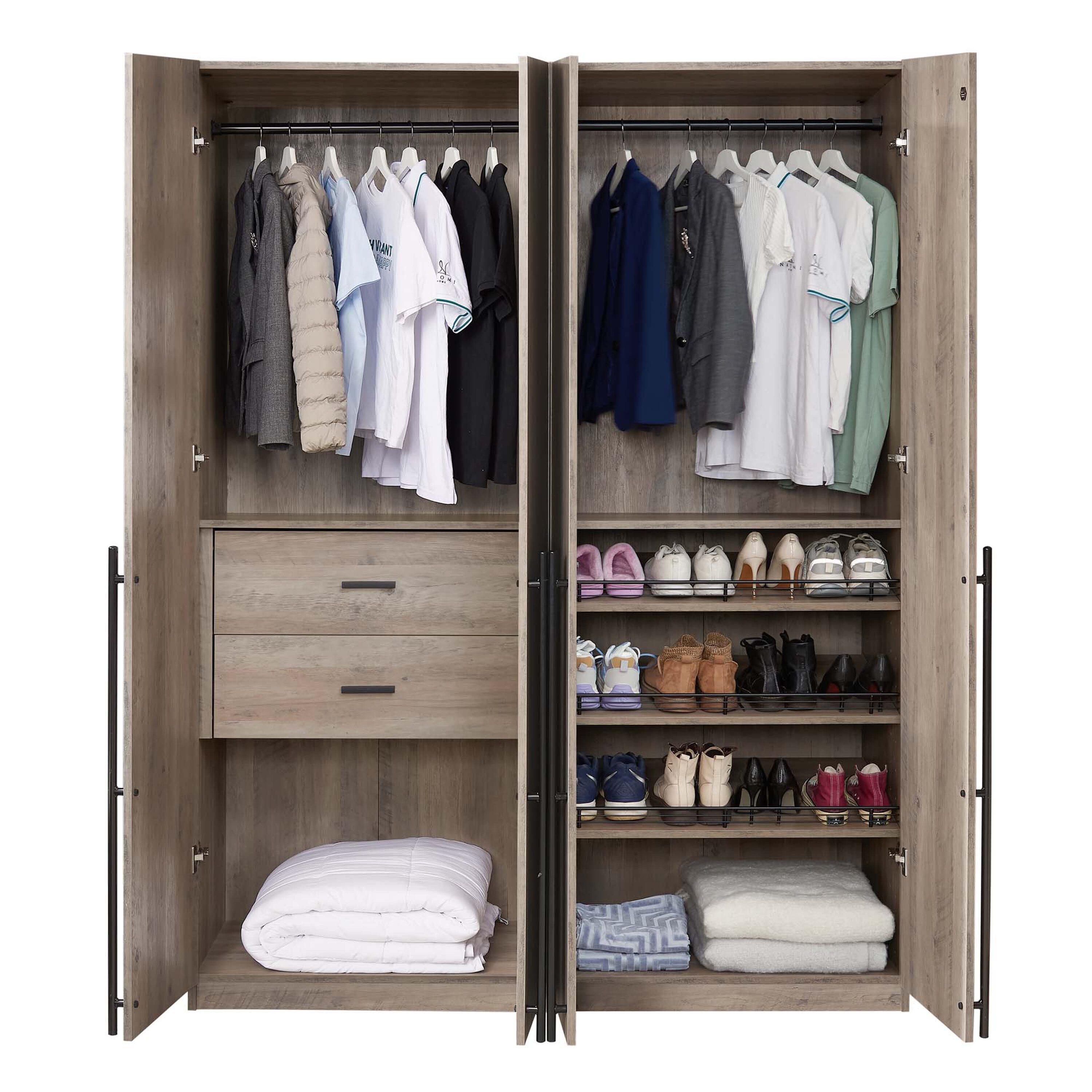 Manhattan Comfort 2pc Lee 4 Door Module Wardrobe Rustic Gray: Modern Style, MDF, Metal Hardware, 5 Shelves, 2 Drawers