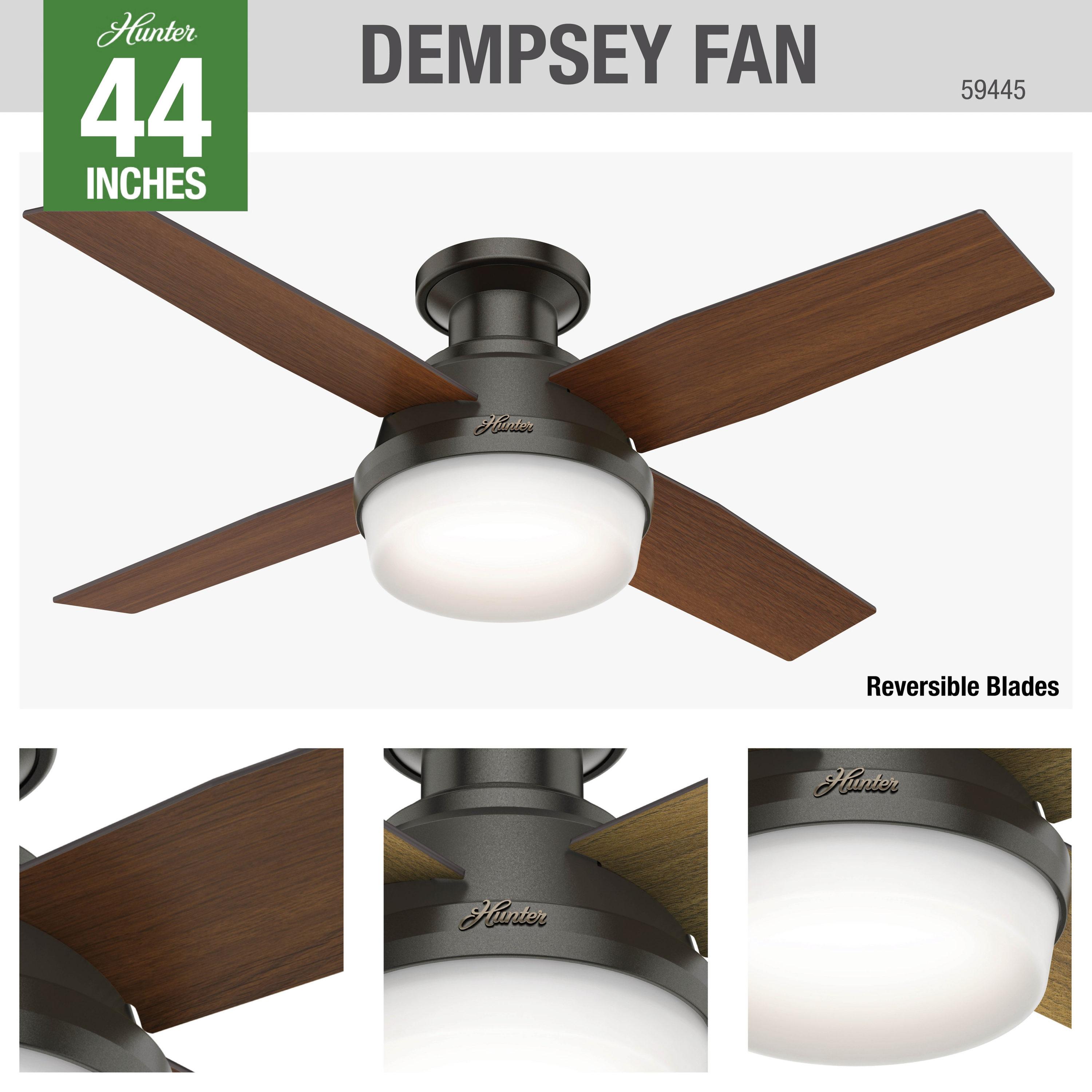 Hunter Fan Dempsey Low Profile 44" 4 - Blade Indoor Flush Mount Small Room Ceiling Fan with Lights and Remote