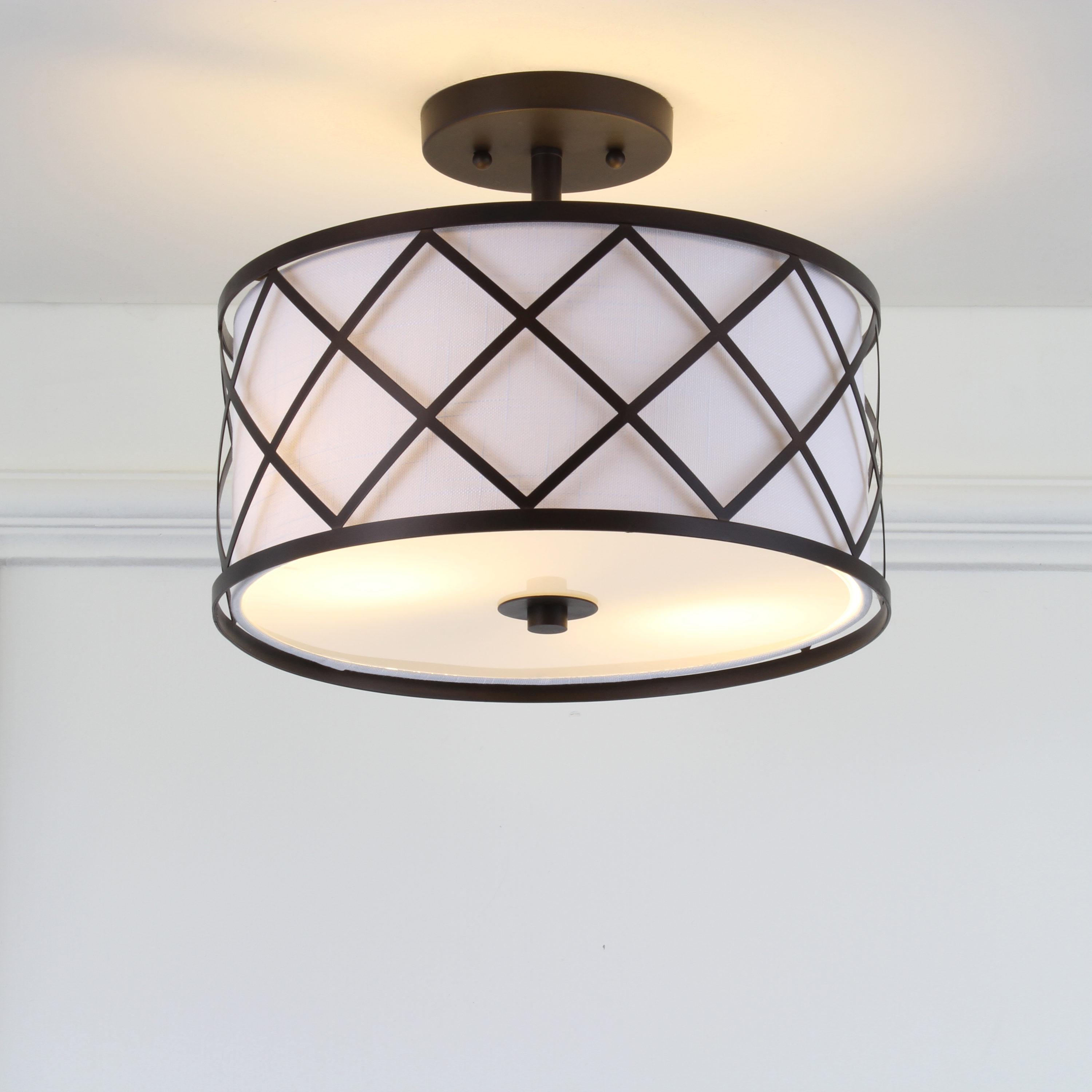 Transitional Elegance 13.25" Bronze LED Flush Mount with White Linen Shade