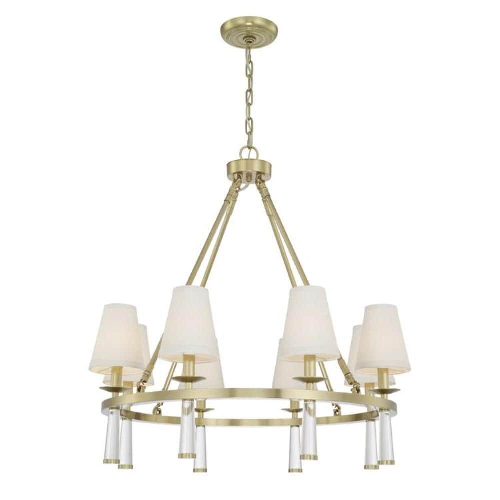 Elegant Aged Brass and Crystal 8-Light Chandelier with Silk Shade