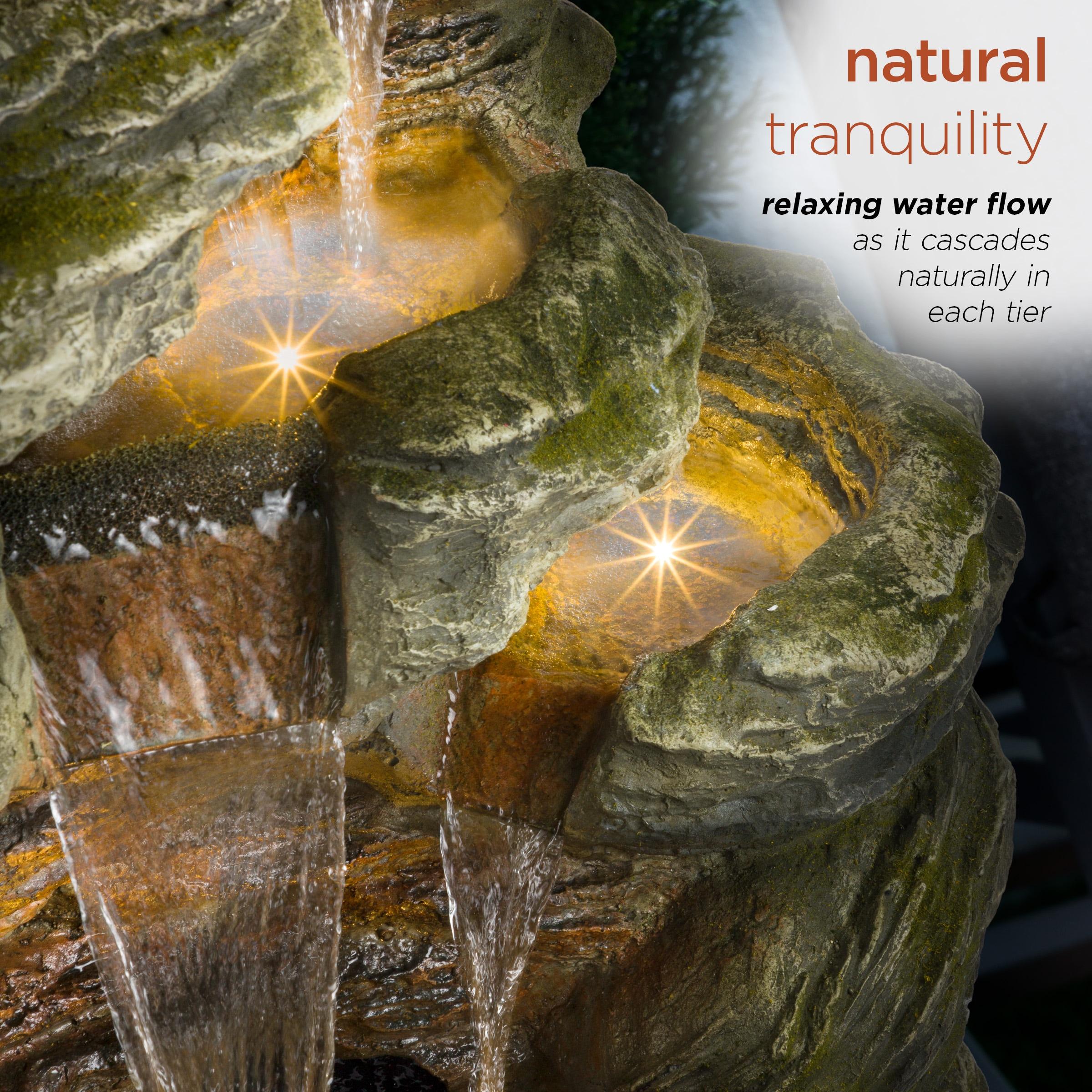 51" Resin Rock Cascading Fountain with LED Lights Gray - Alpine Corporation: Waterfall Feature, Birdbath