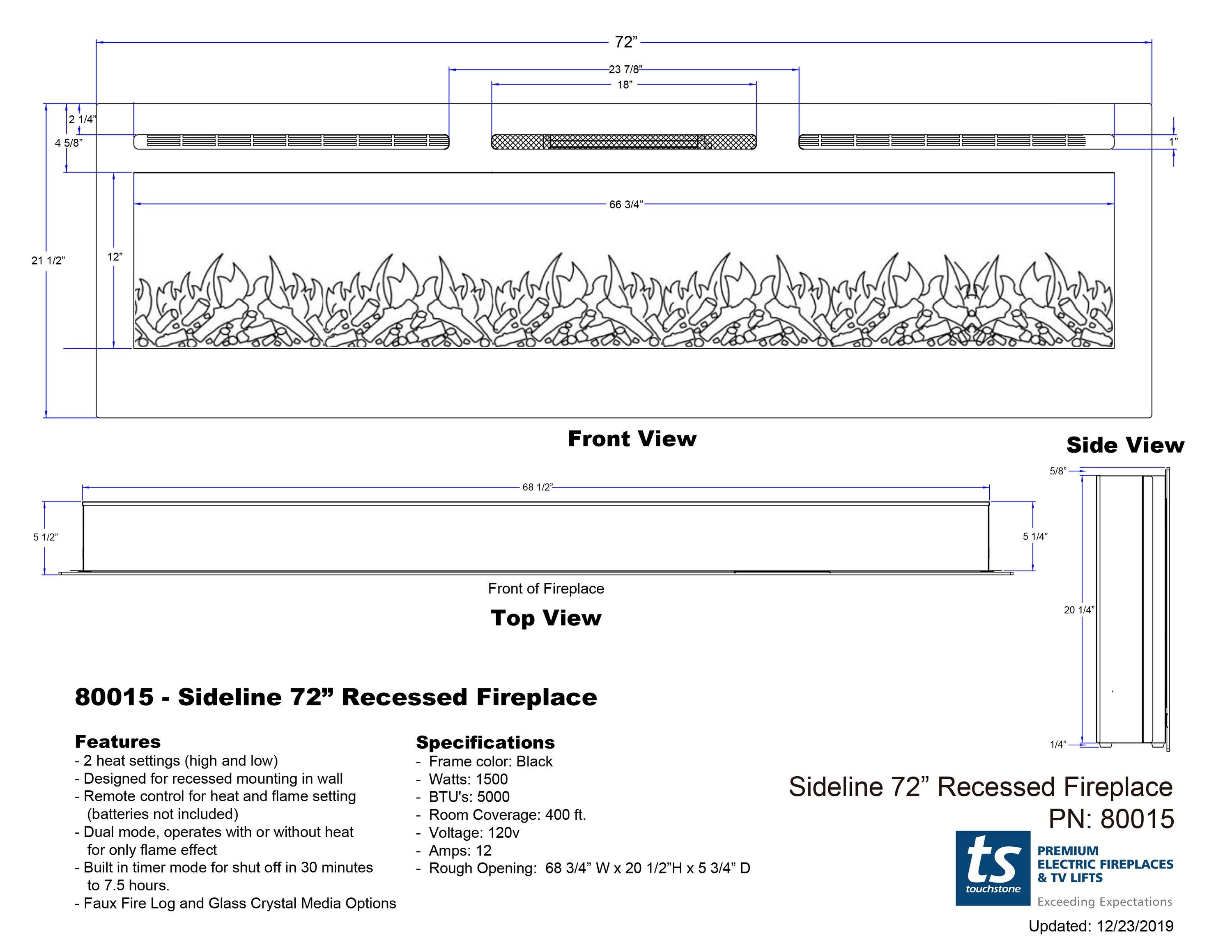 Touchstone The Sideline Electric Fireplace for Recessed or Wall Mount Installation