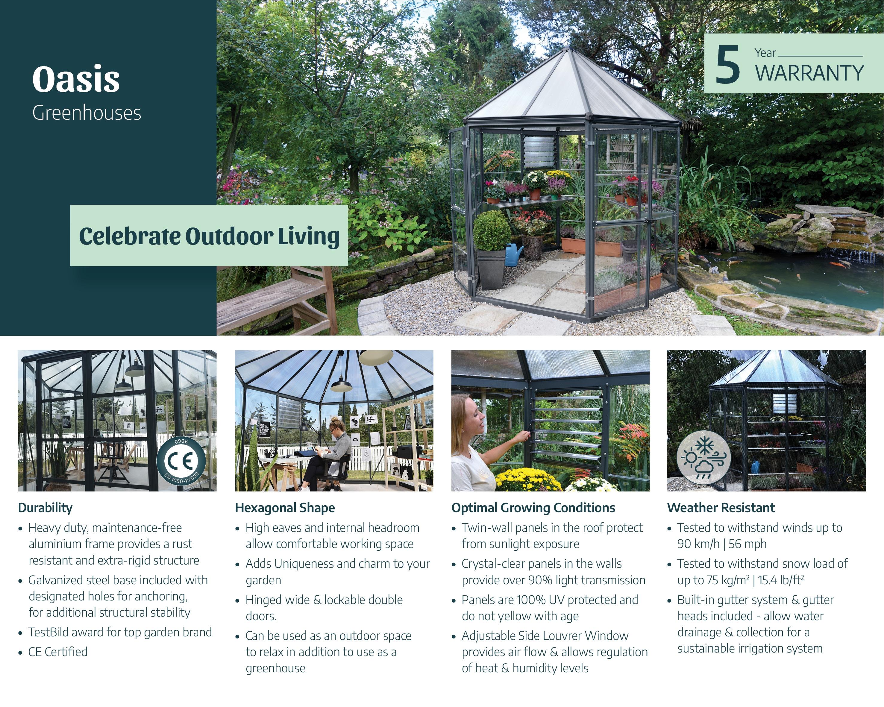 Canopia Palram - Canopia Oasis 12' x 10' Hexagonal Walk-In Hobby Polycarbonate Aluminum Frame Greenhouse Outdoor Living Structure - Gray