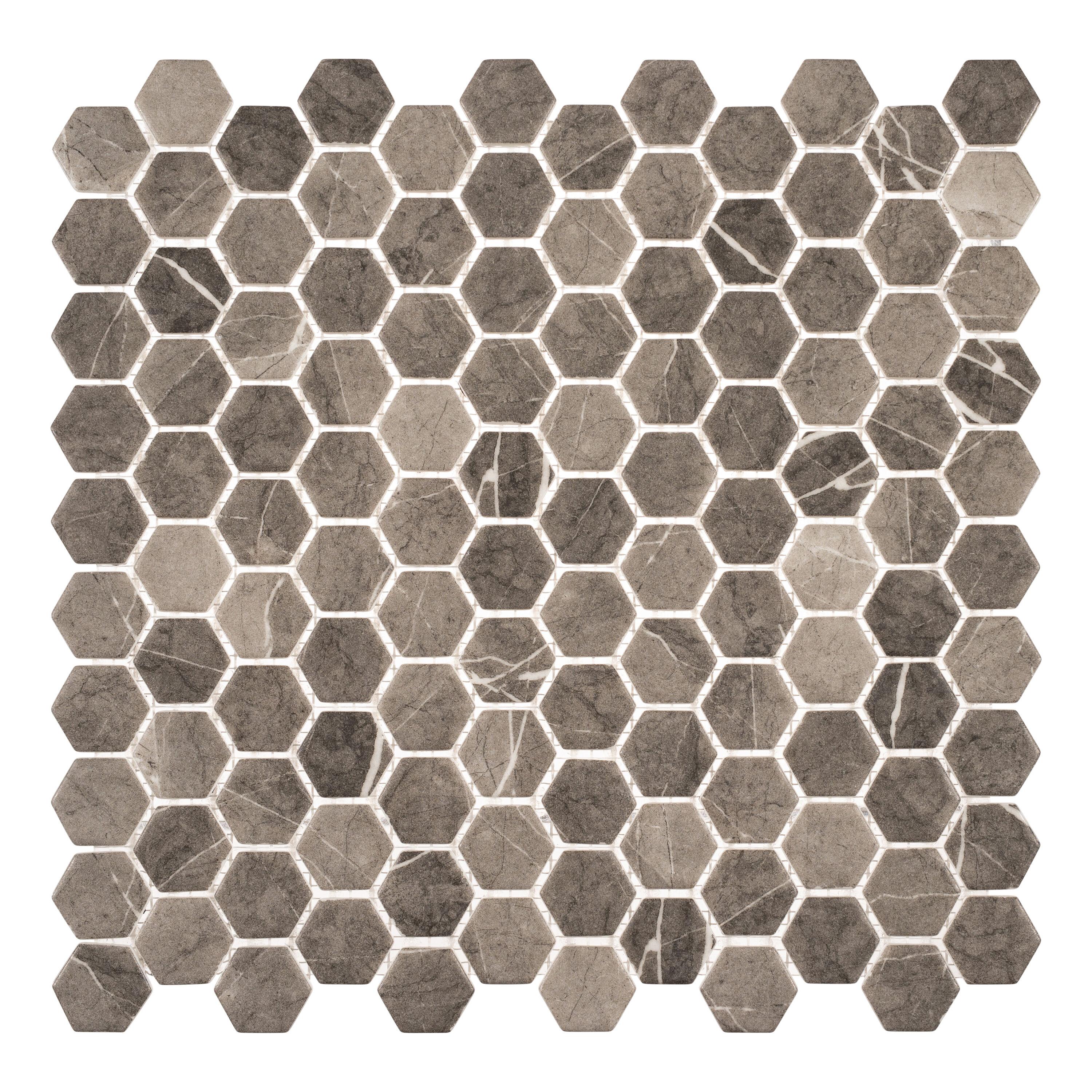 SAMPLE-Trillions Fossil Gray Honeycomb Stone Look Matte Glass Mosaic Wall and Floor Tile