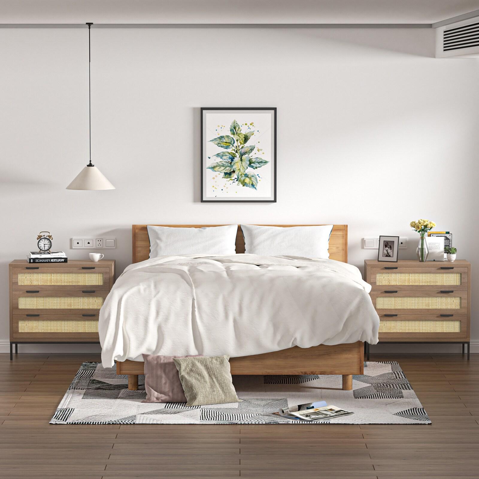 Anmytek 3 Drawer Cabinet for Bedroom, Oak Rattan Cabinet Closet Cabinet Chest of Drawers, Wood Cabinet 3 Drawer Storage Chest for Bedroom, Hallway, Nursery