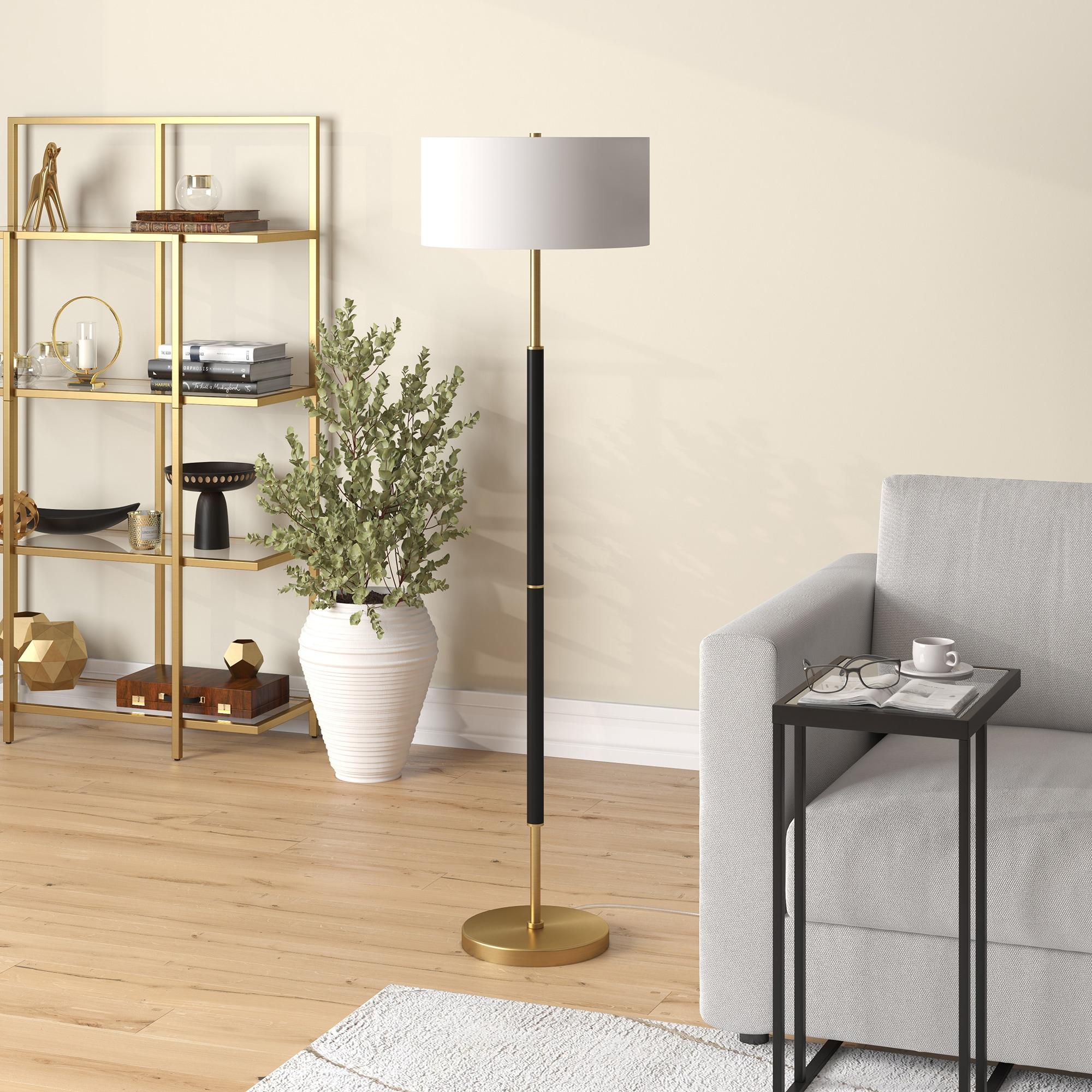 Evelyn&Zoe Simone 2-Light Floor Lamp with Fabric Shade, Matte Black/Brass/White