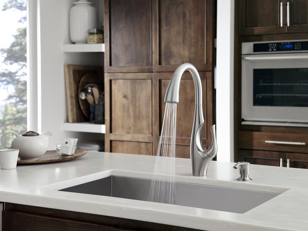 Pfister Indira Kitchen Faucet with Pull Down Sprayer and Soap Dispenser, Single Handle, High Arc, Spot Defense Stainless Steel Finish, F5297NDGS
