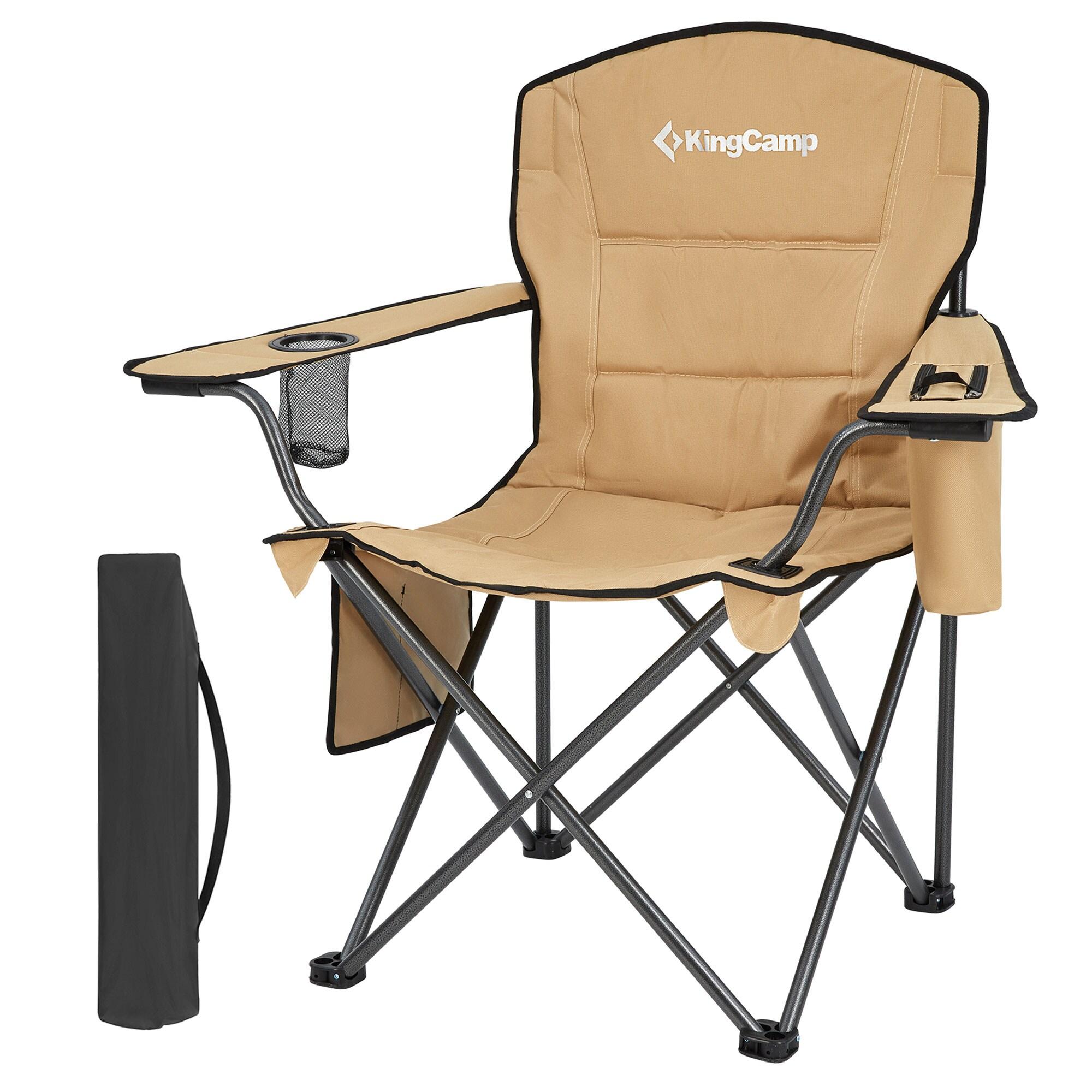 KingCamp Padded Portable Outdoor Folding Lounge Chairs with Built-In Cupholder, Insulated Cooler Sleeve, and Side Storage Pocket, Khaki (2 Pack)