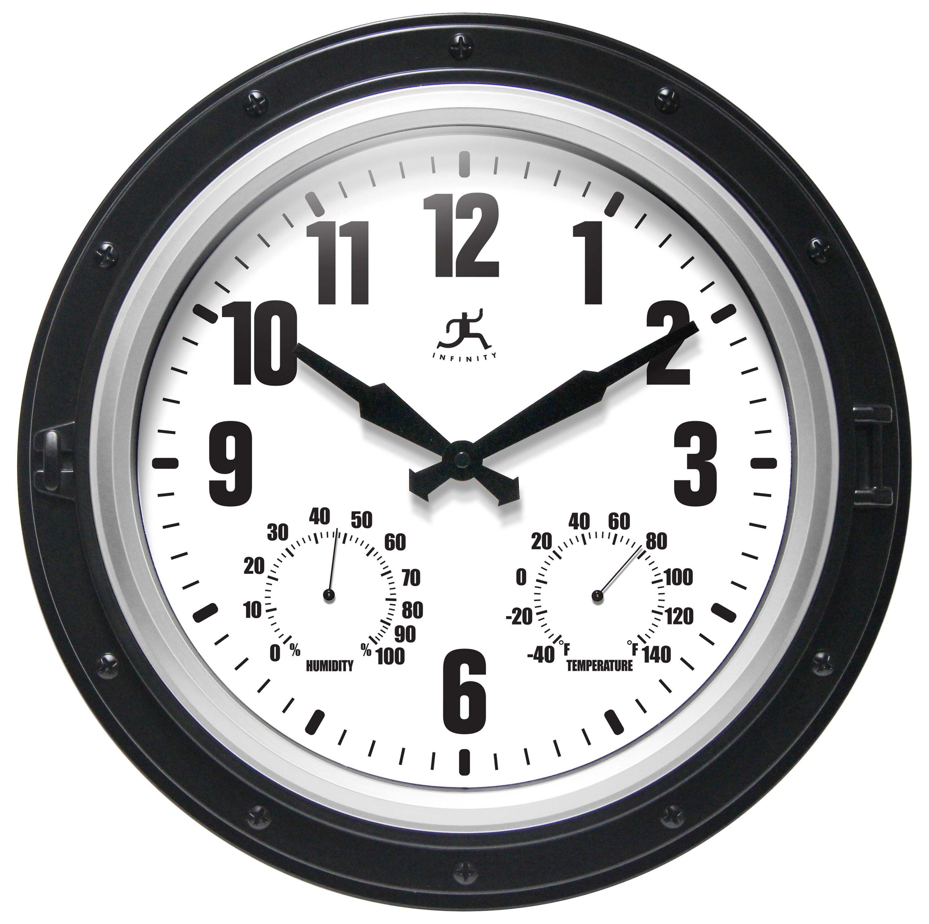 16" Forecaster Wall Clock Silver - Infinity Instruments: Modern Analog, Outdoor Use, Thermometer Feature