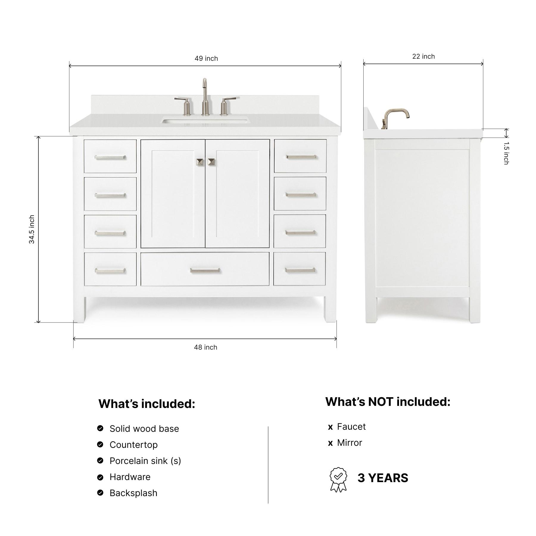 ARIEL 49" Bathroom Vanity with 1.5" Edge Pure White Quartz Countertop & Backsplash, Center Rectangular Sink, 2 Soft Closing Doors, 9 Full Extension Dovetail Drawers, Brushed Nickel - White