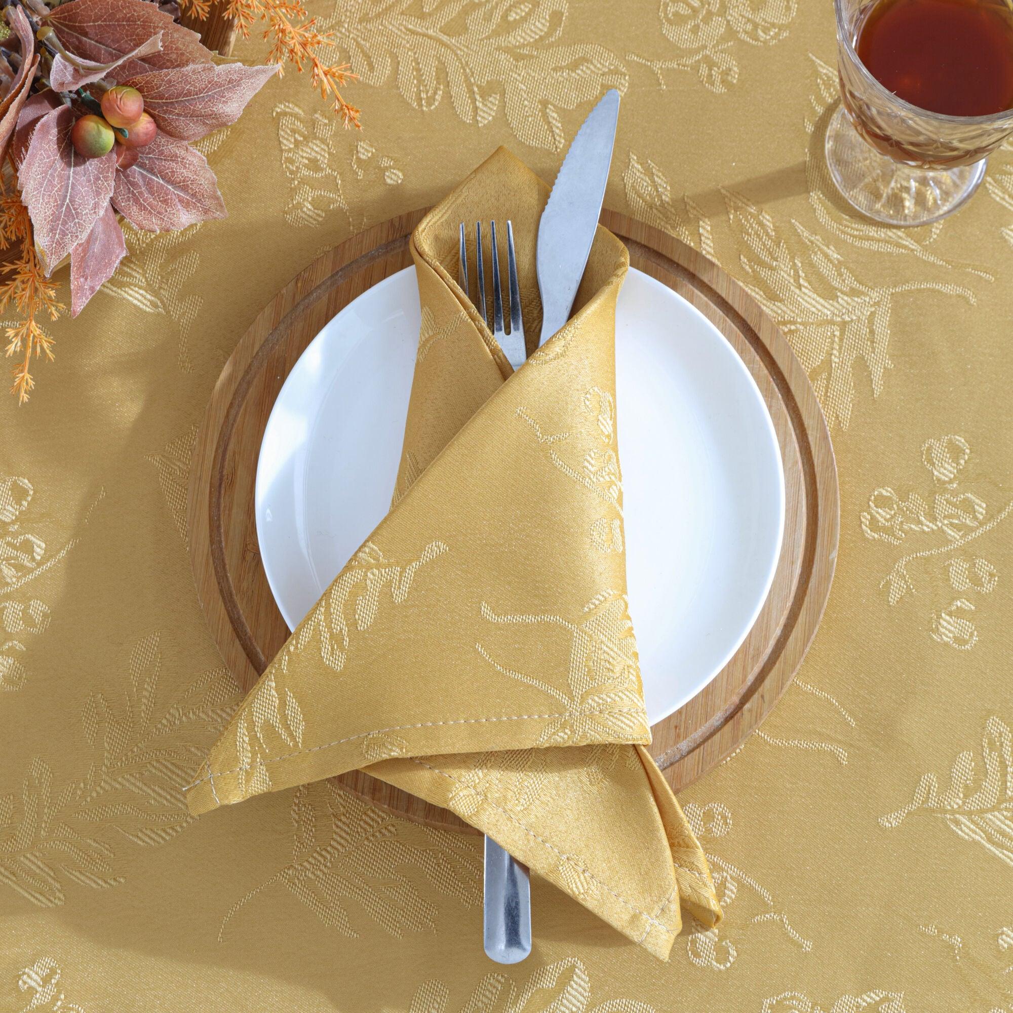 Elegant Woven Leaves Jacquard Damask Napkin, Set of 8 - 17" x 17" - Gold - Elrene Home Fashions