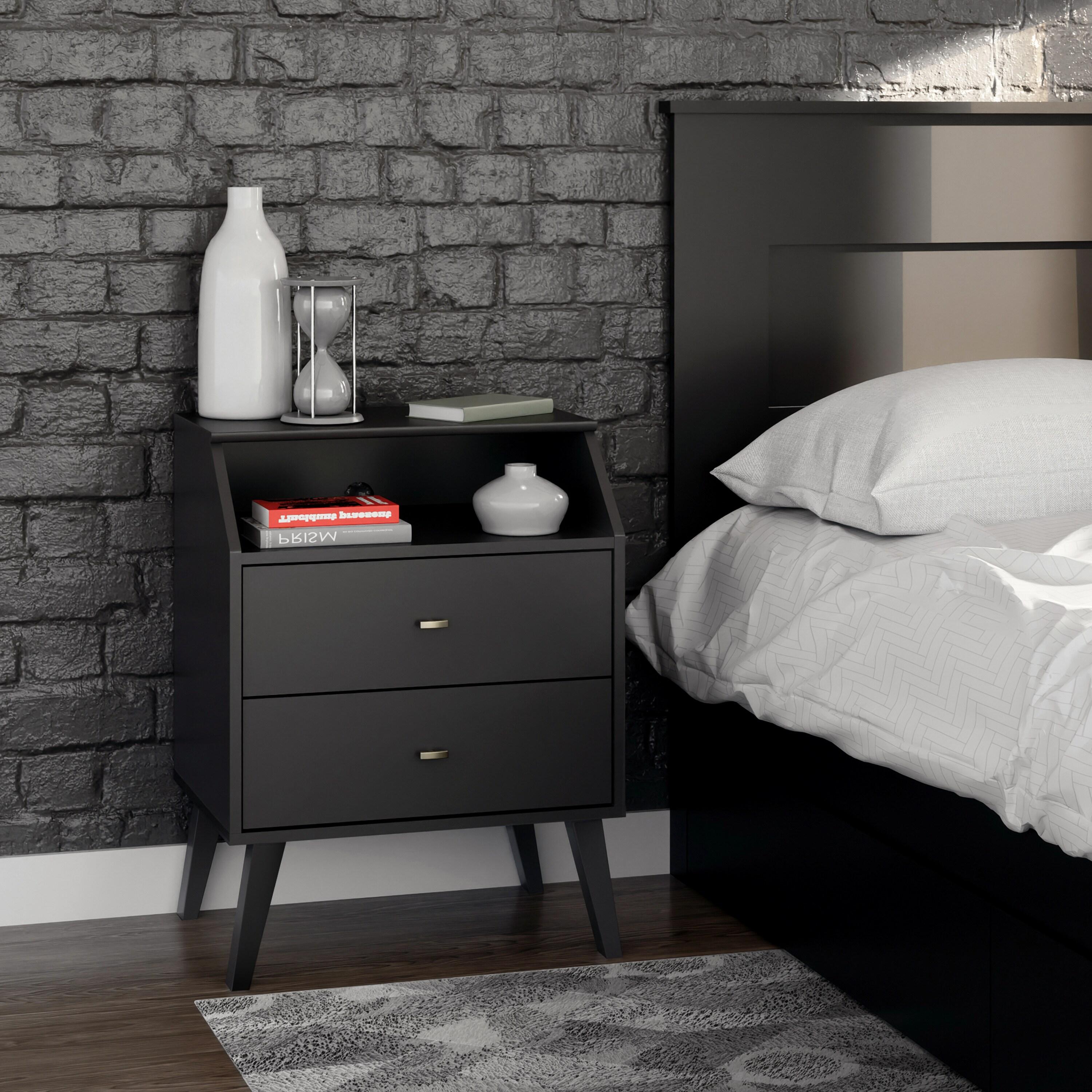 Prepac Milo Mid-Century Modern 2-Drawer Bedroom Nightstand, Black