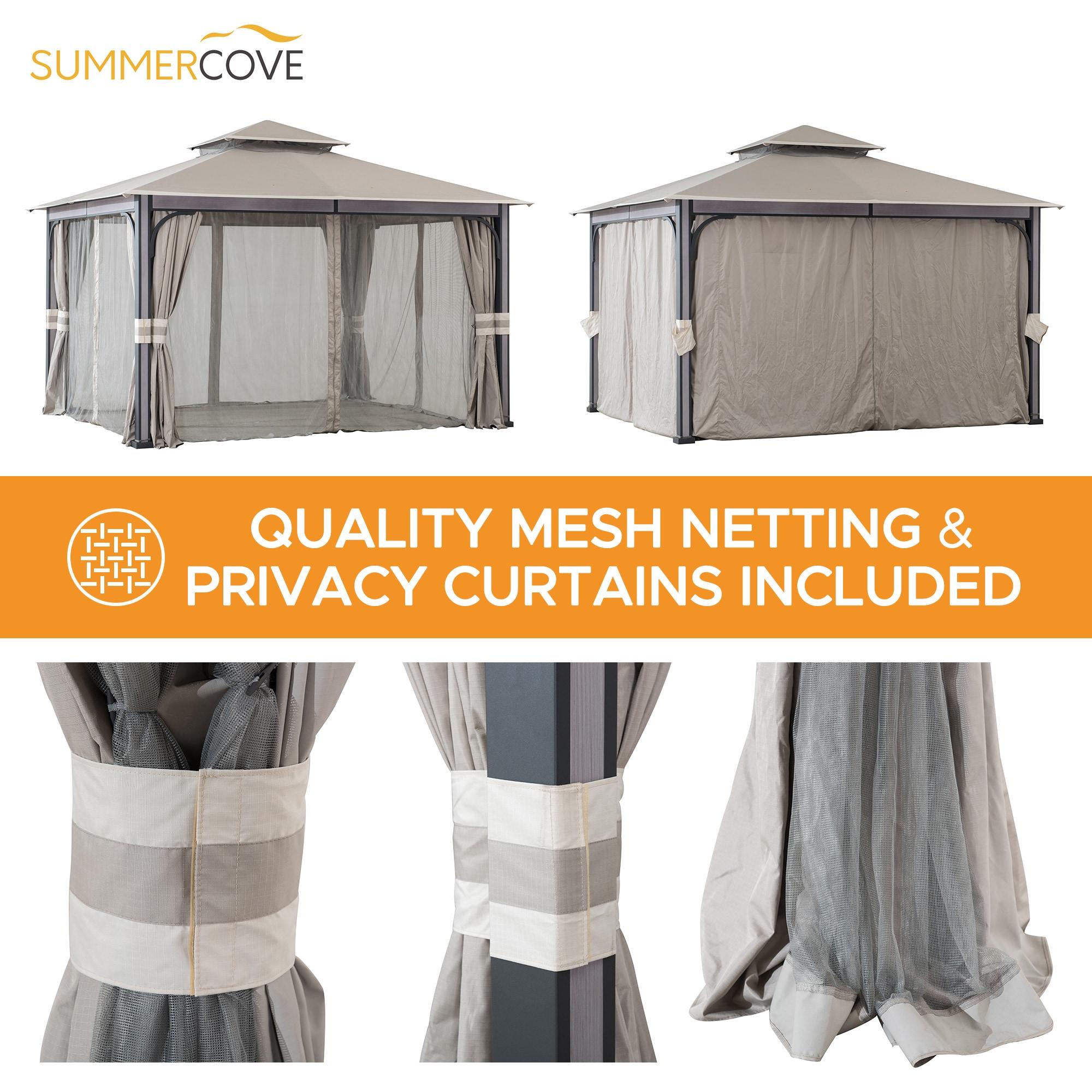 Sunjoy Roberts Outdoor Patio Steel Frame 11 x 13 ft. 2-Tier Soft Top Gazebo with Light Gray Canopy Roof, Netting, and Curtains