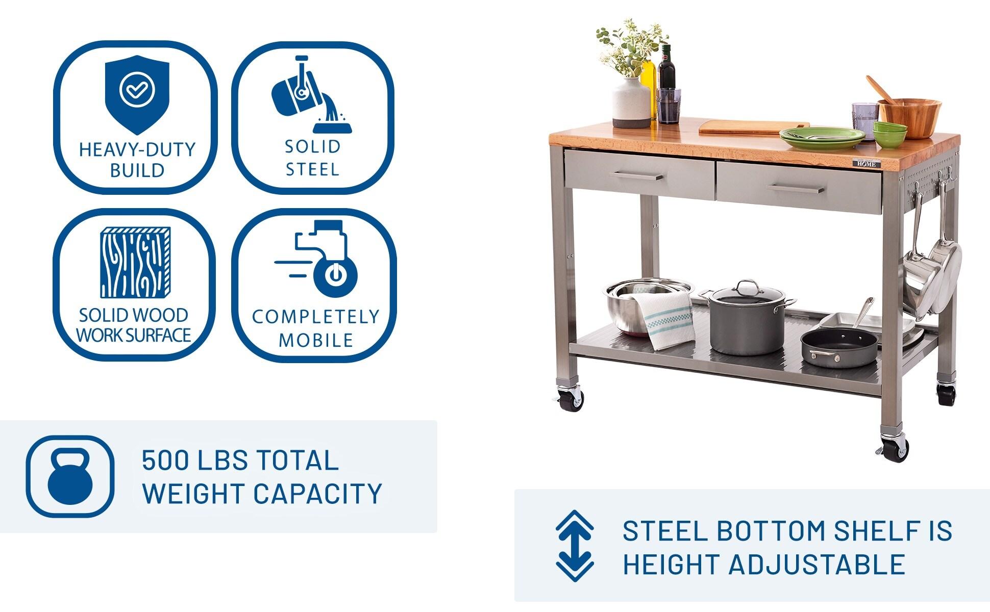 48'' Wide Stainless Steel Kitchen Rolling Cart Island with Solid Wood Top