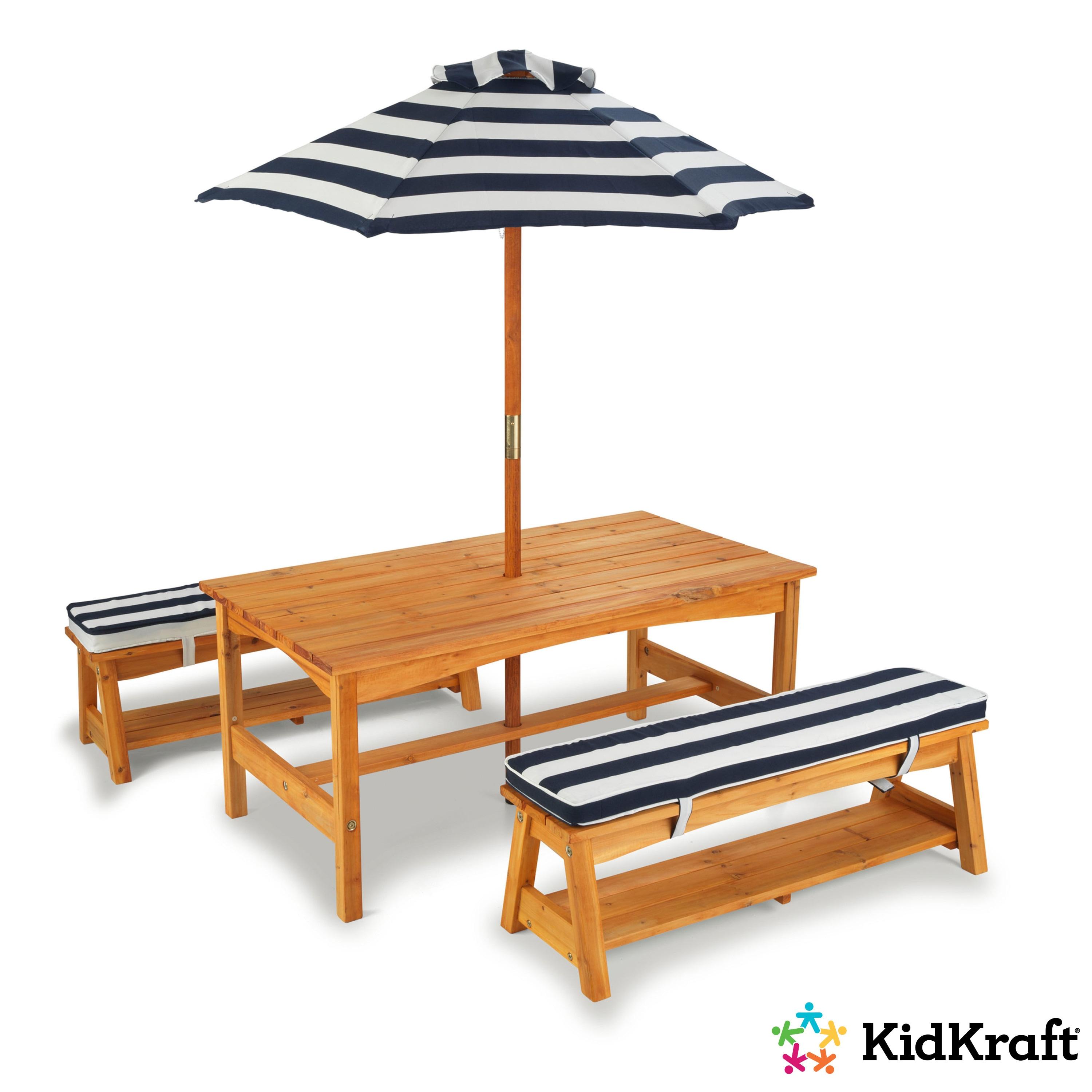 Outdoor Wooden Table & Benches with Cushions & Umbrella, Navy