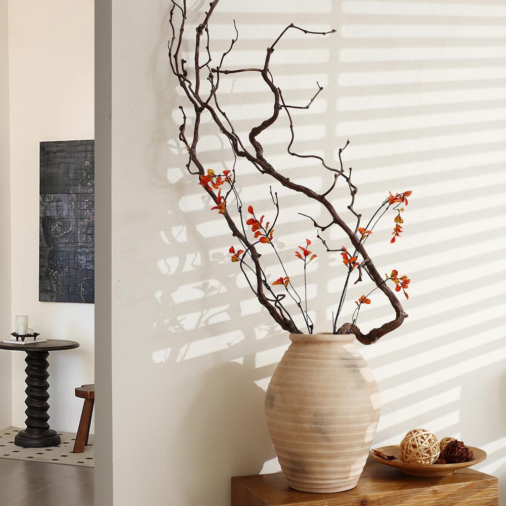 LuxenHome Rustic Brown Ribbed Terracotta 13.2-Inch Tall Urn Vase Beige