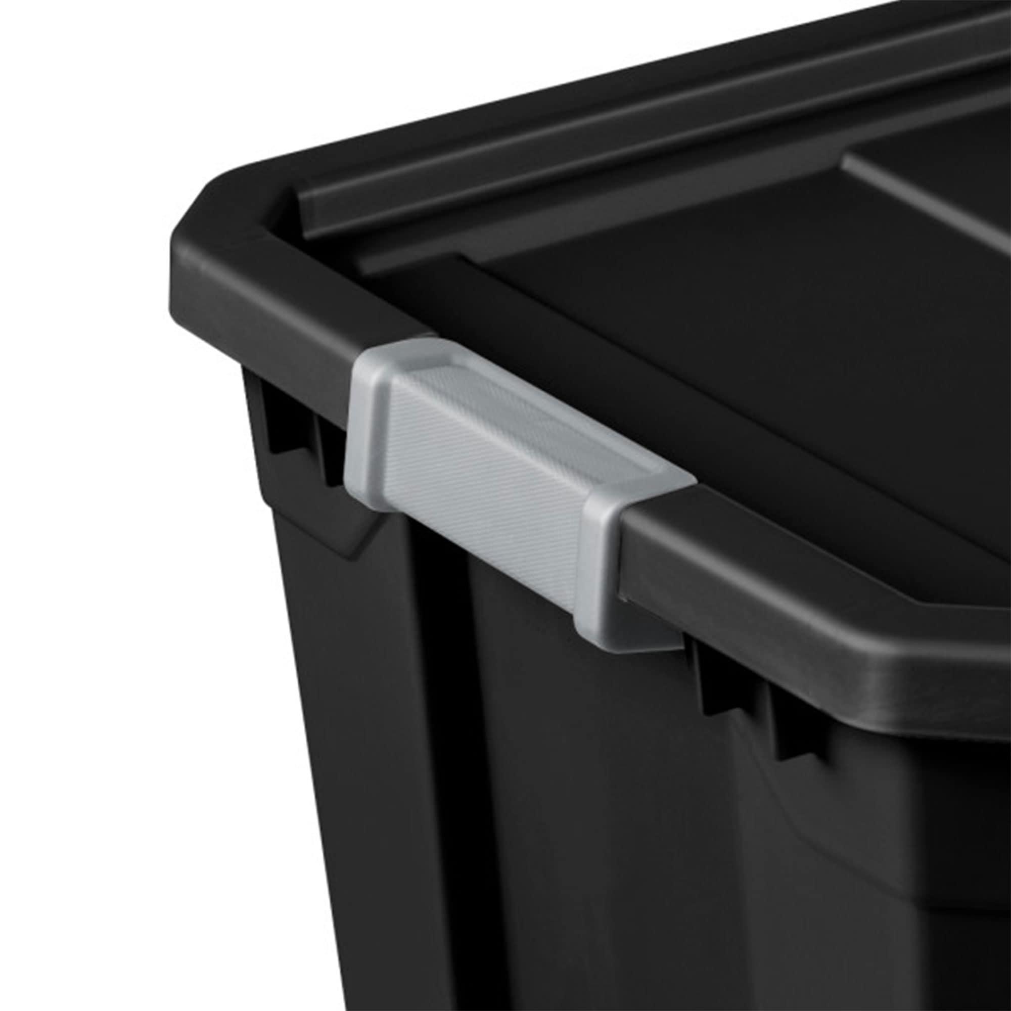 Sterilite 27 Gallon Plastic Stacker Tote, Heavy Duty Lidded Storage Bin Container for Stackable Garage and Basement Organization, Black, 4-Pack