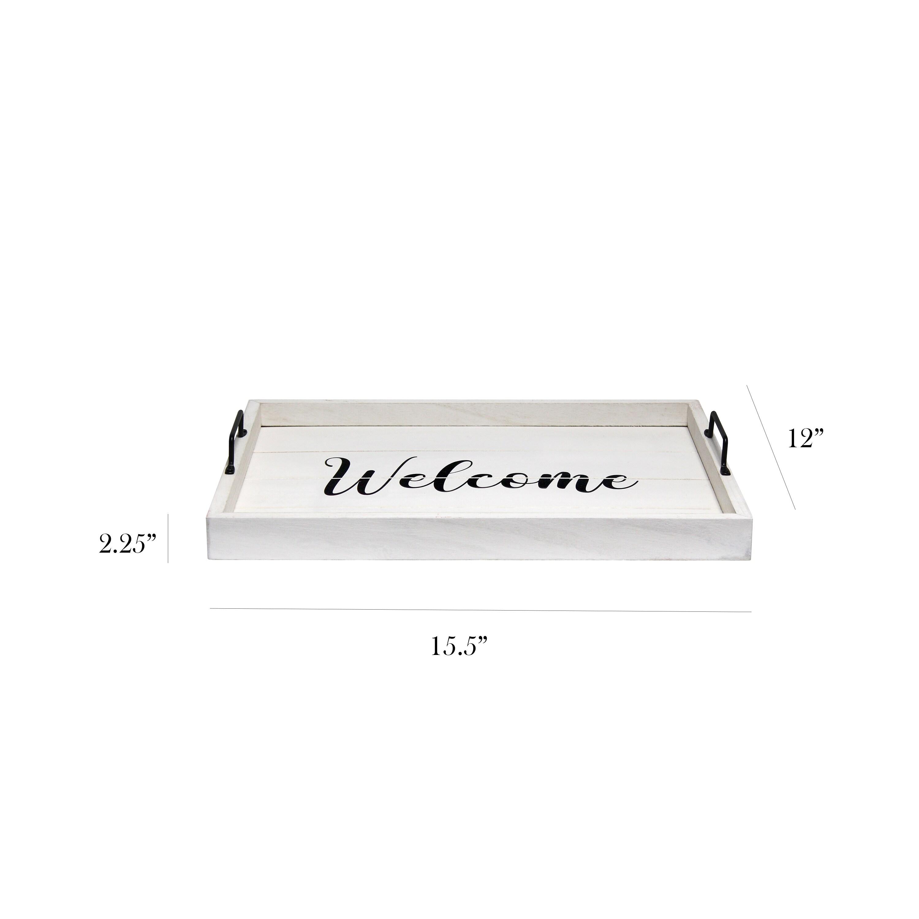 Elegant Designs 15.5" x 12" Decorative Wood Serving Tray, "Welcome", White Wash