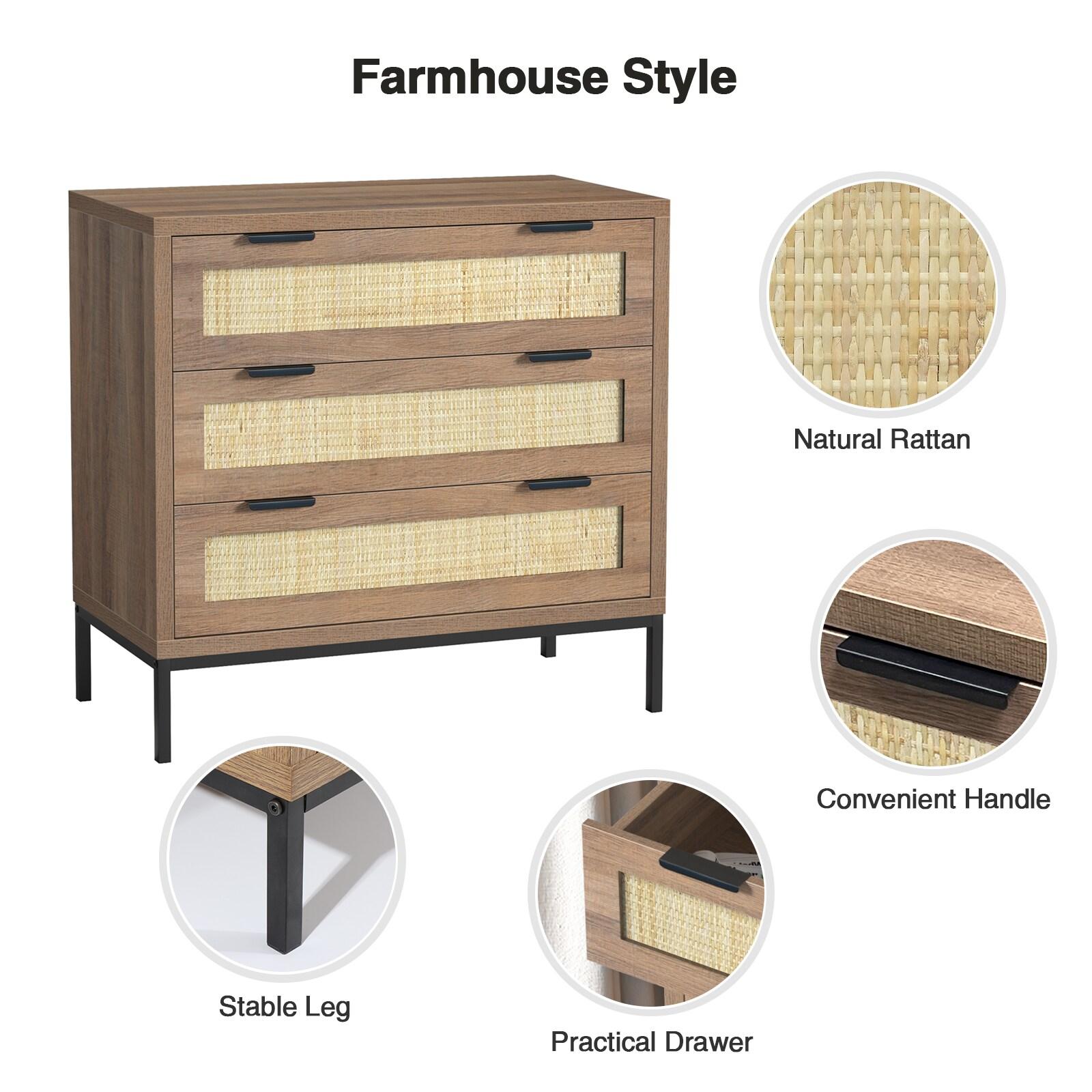 Anmytek 3 Drawer Cabinet for Bedroom, Oak Rattan Cabinet Closet Cabinet Chest of Drawers, Wood Cabinet 3 Drawer Storage Chest for Bedroom, Hallway, Nursery