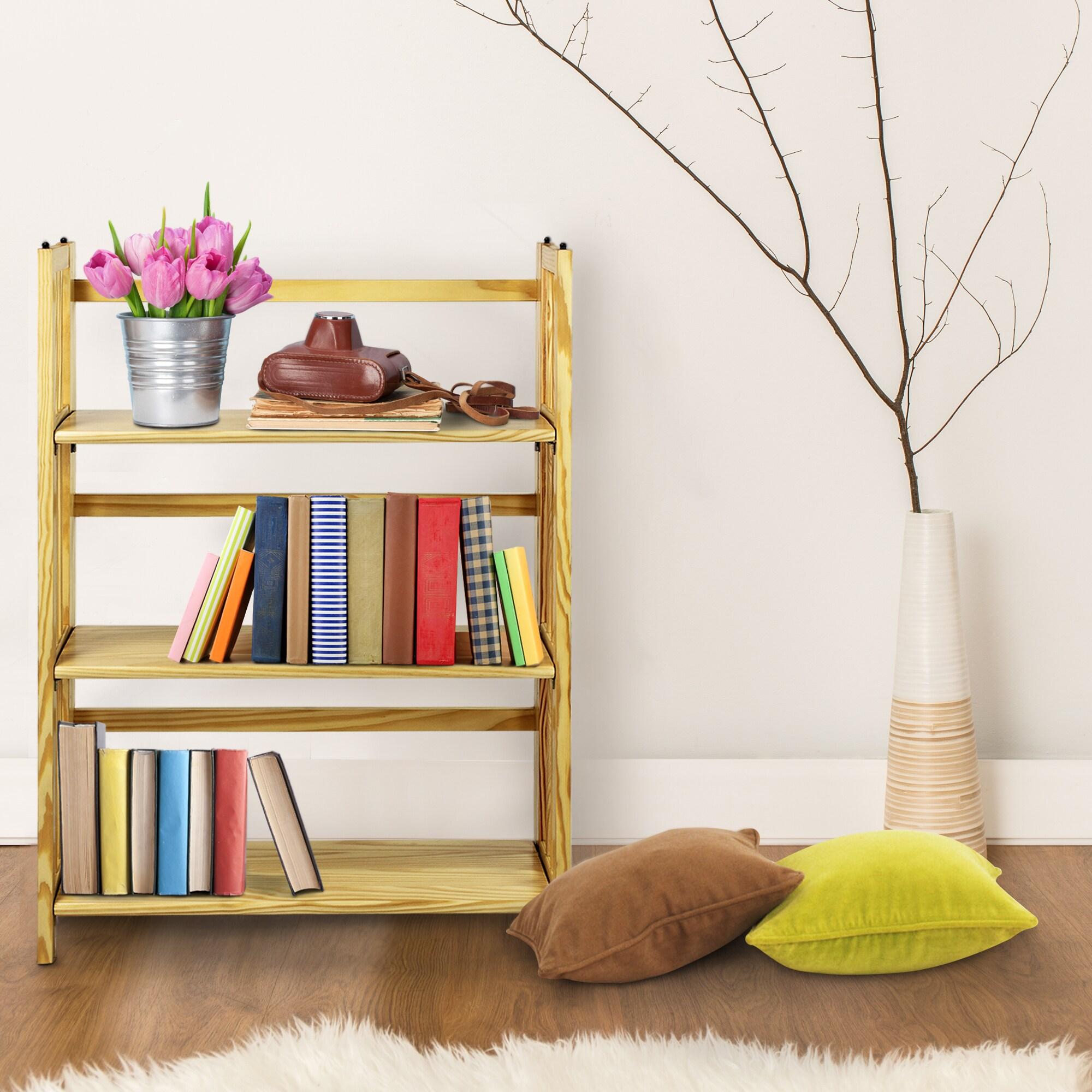 3-Shelf Folding Stackable Bookcase 27.5" Wide-Natu