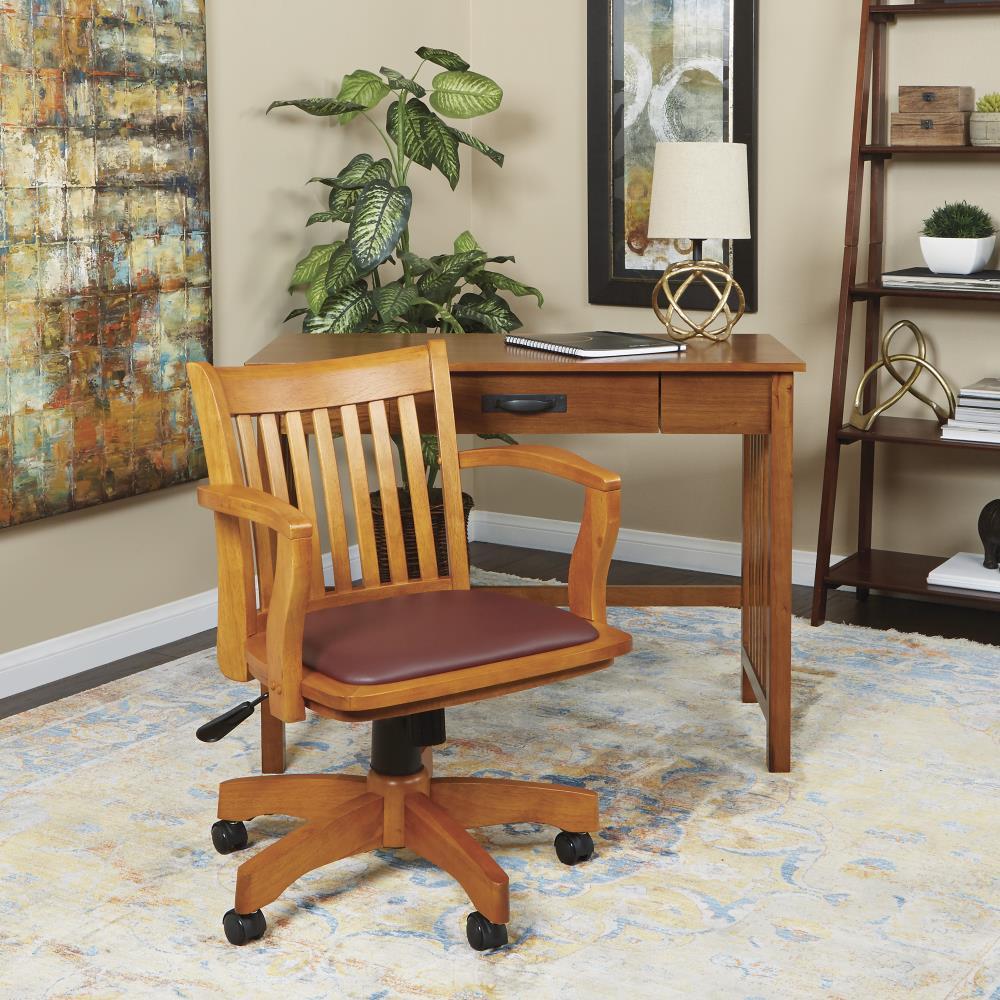 Deluxe Fruitwood Finish Wood Banker's Desk Chair with Brown Vinyl Seat