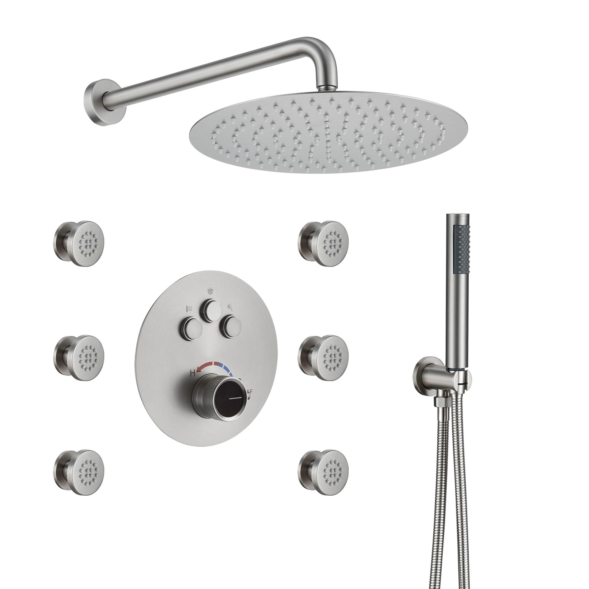Wall Mounted Thermostatic Complete Rainfall Shower System with 6 Body Jets and Rough-in Valve