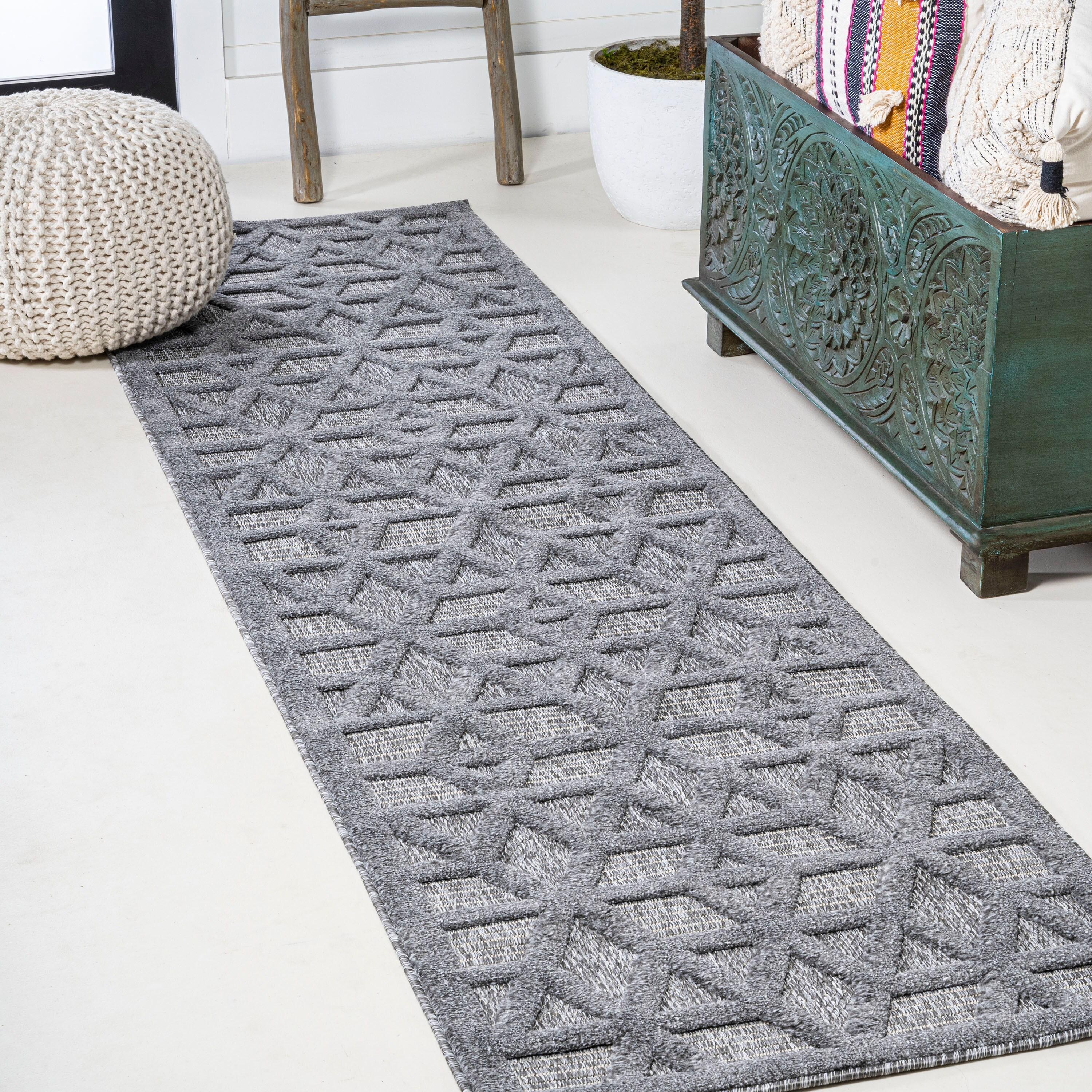 2'x8' Talaia Neutral Geometric Indoor/Outdoor Runner Rug, Dark Gray - JONATHAN Y