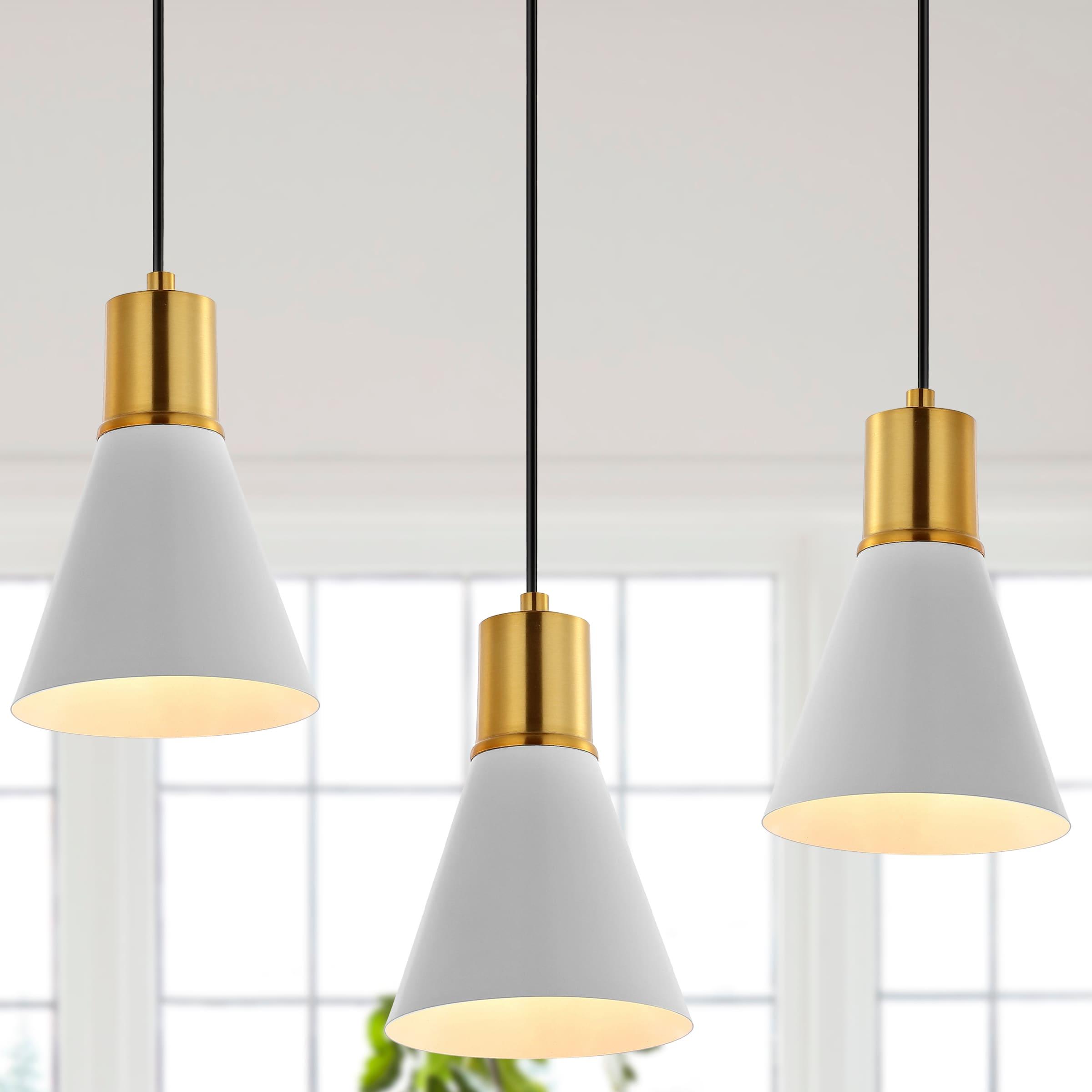 Apollo 33.5" 3-Light Mid-Century Modern Iron Adjustable Linear LED Pendant, White/Brass Gold