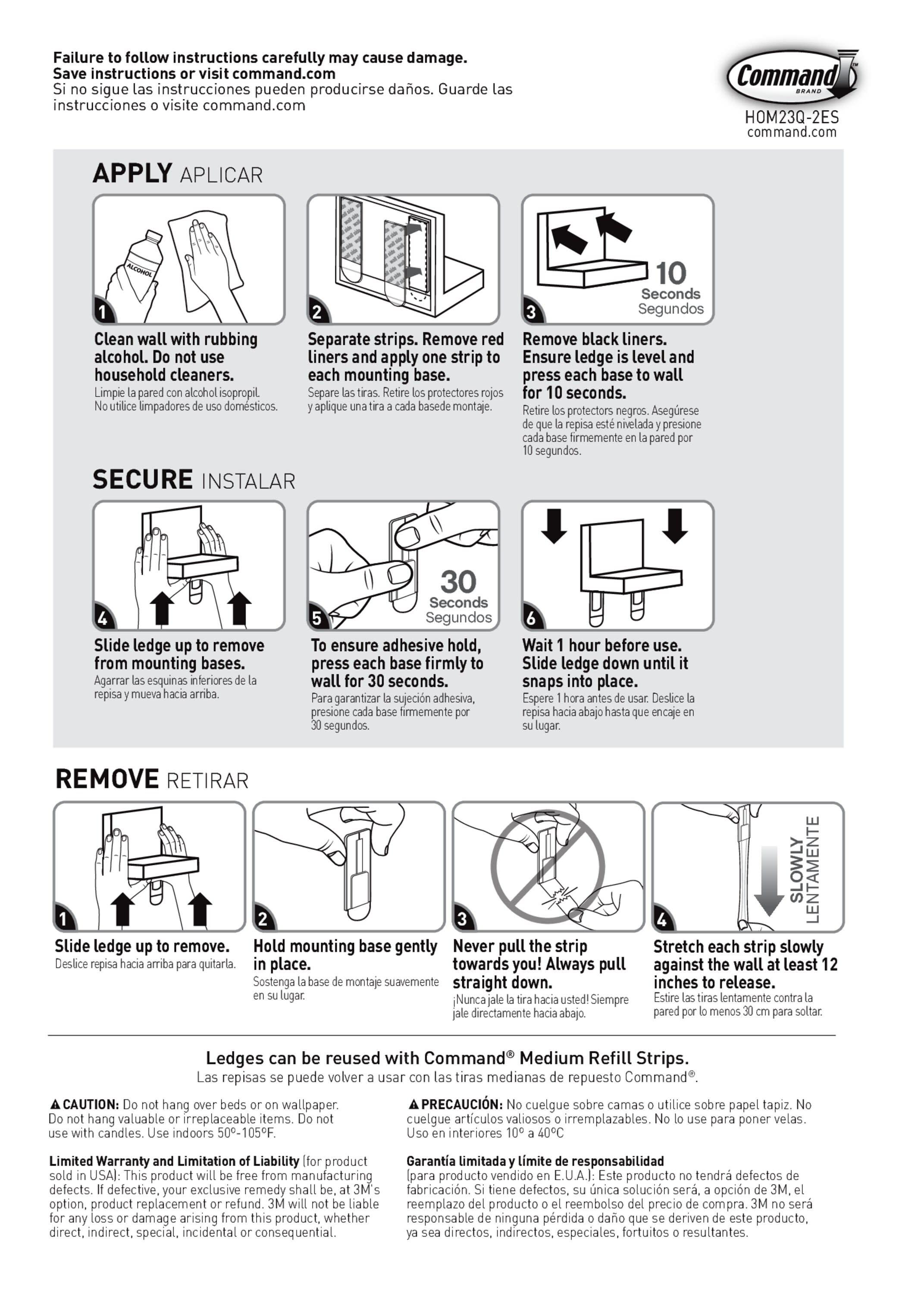 Command Display Ledges White: Floating Wall Shelf Set, 2 Picture Ledges, Off-White, Plastic, No Tools Needed