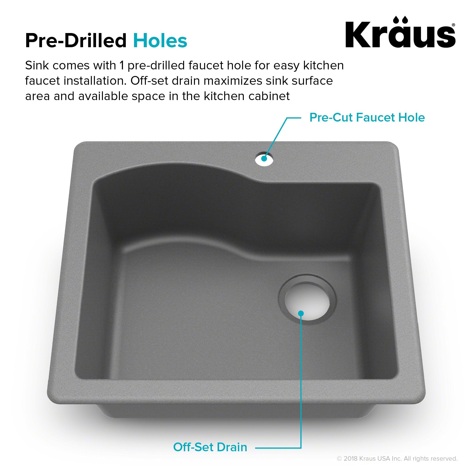 Kraus Quarza 25 Dual Mount Single Bowl Granite Kitchen Sink and Strainer in Grey