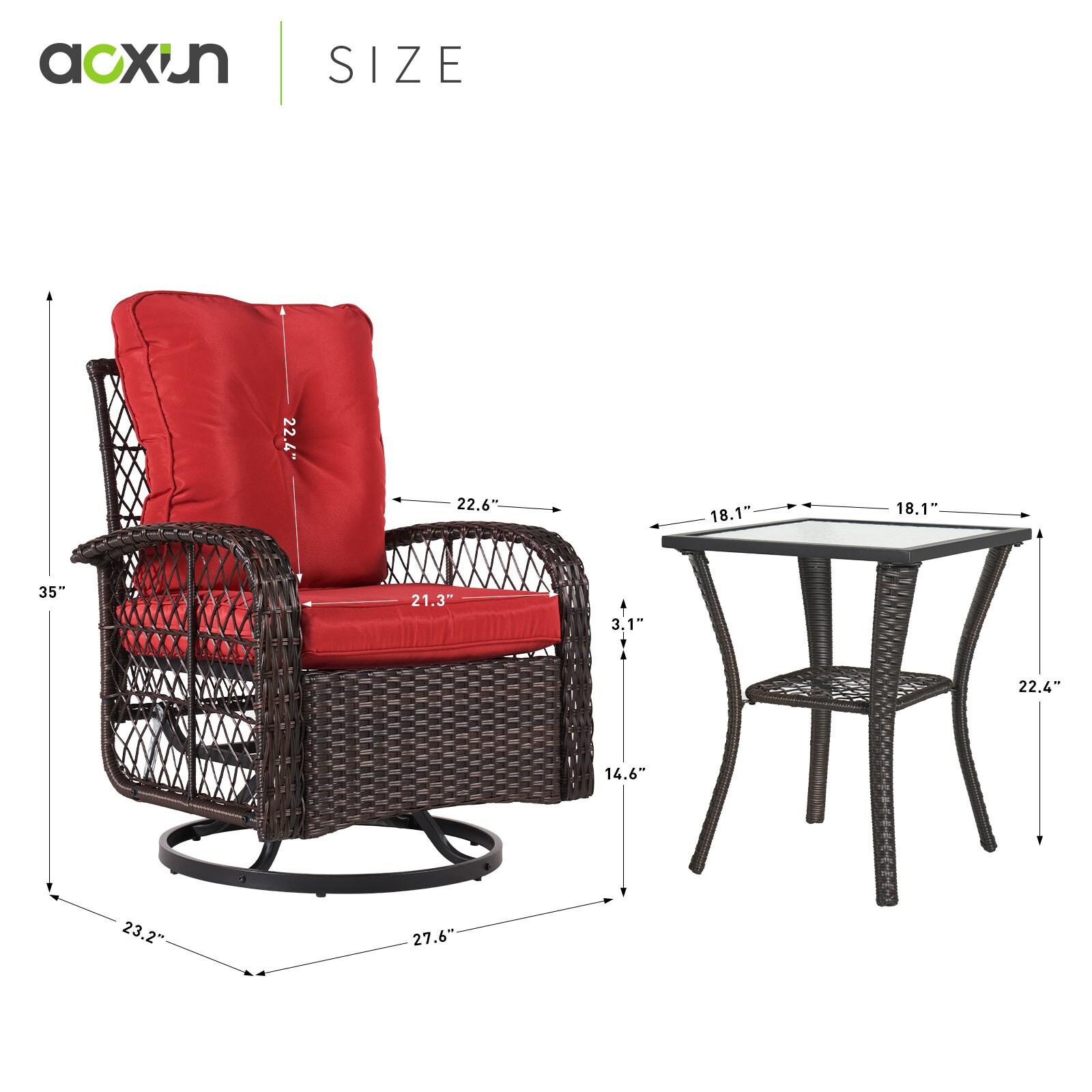 ECOPATIO 3 Pieces Patio Furniture Set, Outdoor Swivel Gliders Rocker, Wicker Patio Bistro Set with Rattan Rocking Chair, Glass Top Side Table and Thickened Cushions for Porch Deck Backyard(Red)