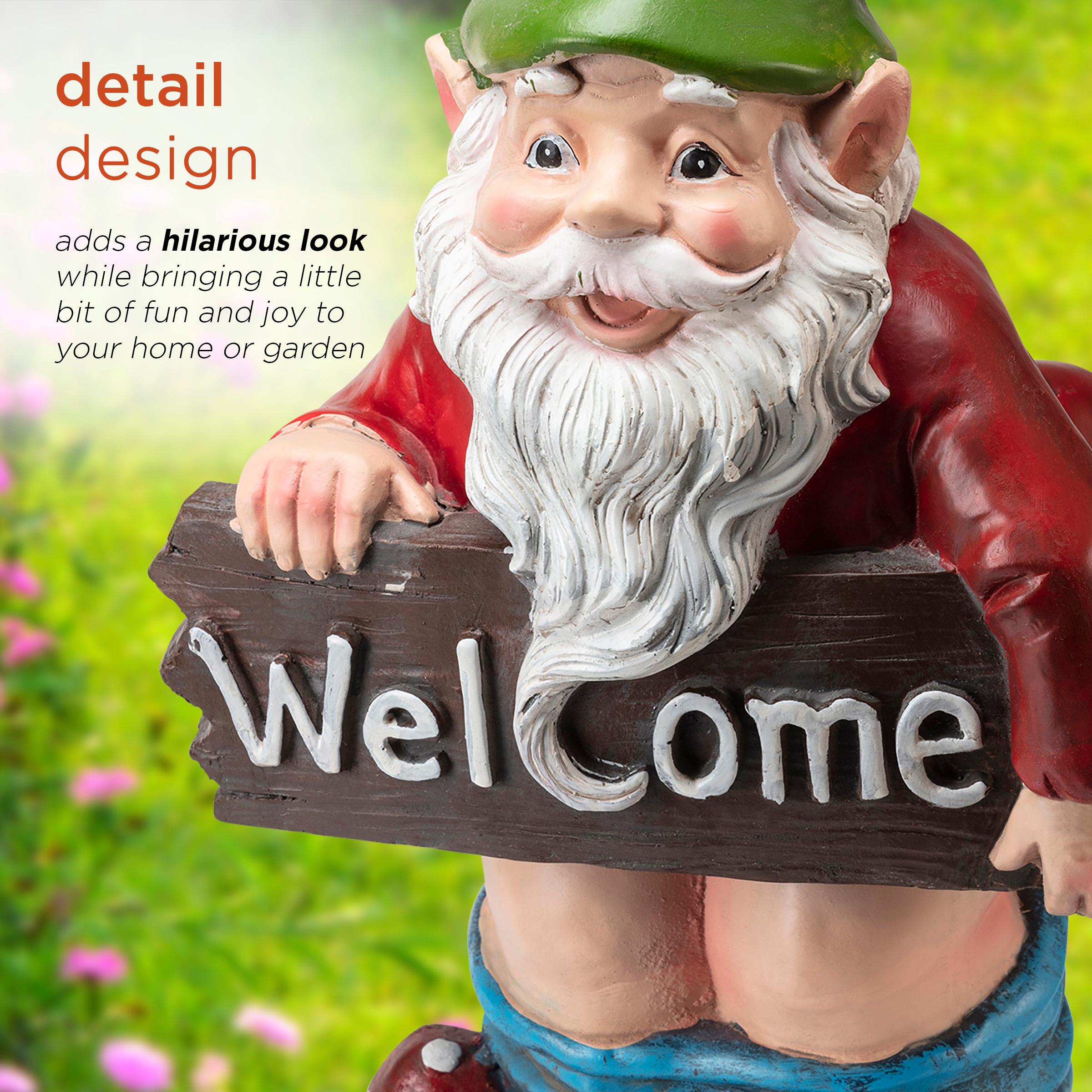 22"H Ceramic Outdoor Sculpture - Alpine Corporation: Garden Gnome with Welcome Sign, Mythical Decor