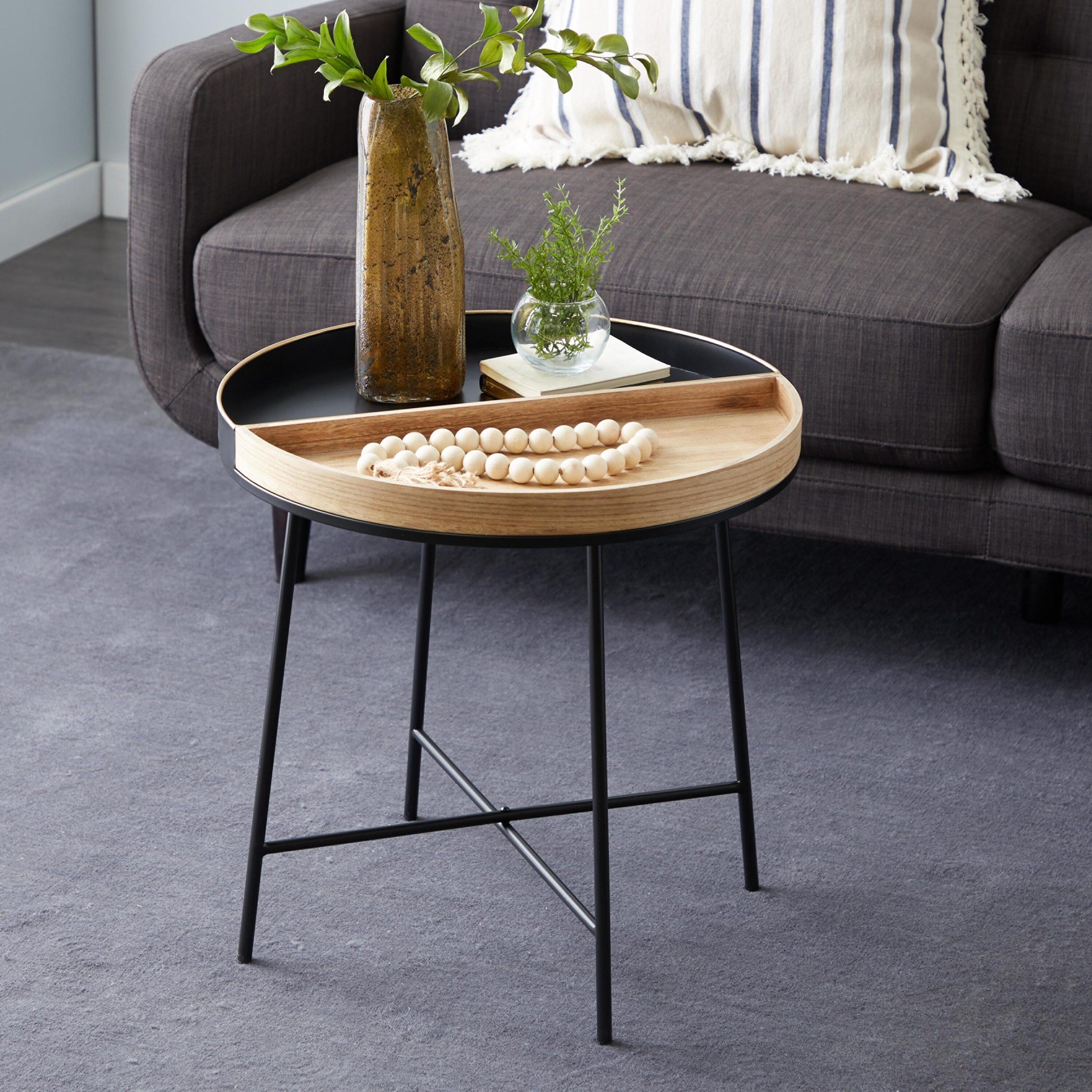 Olivia & May Contemporary Metal and Wood Accent Table Medium Black: Round Side, No Assembly Required