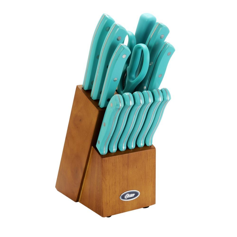 Oster Evansville 14 Piece Stainless Steel Blade Cutlery Set with Turquoise Plastic Handles