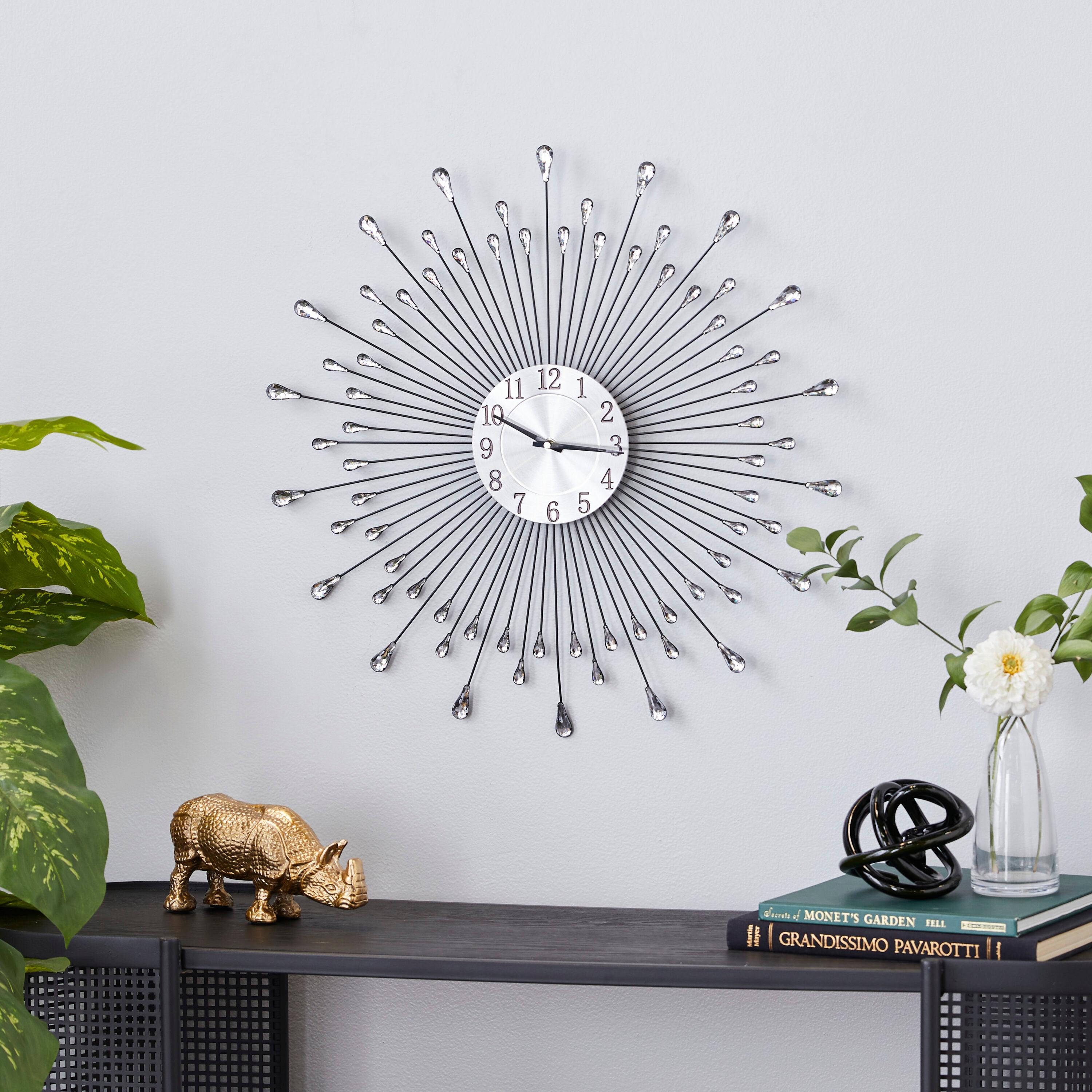 DecMode 23" Silver Metal Starburst Wall Clock with Crystal Embellishment