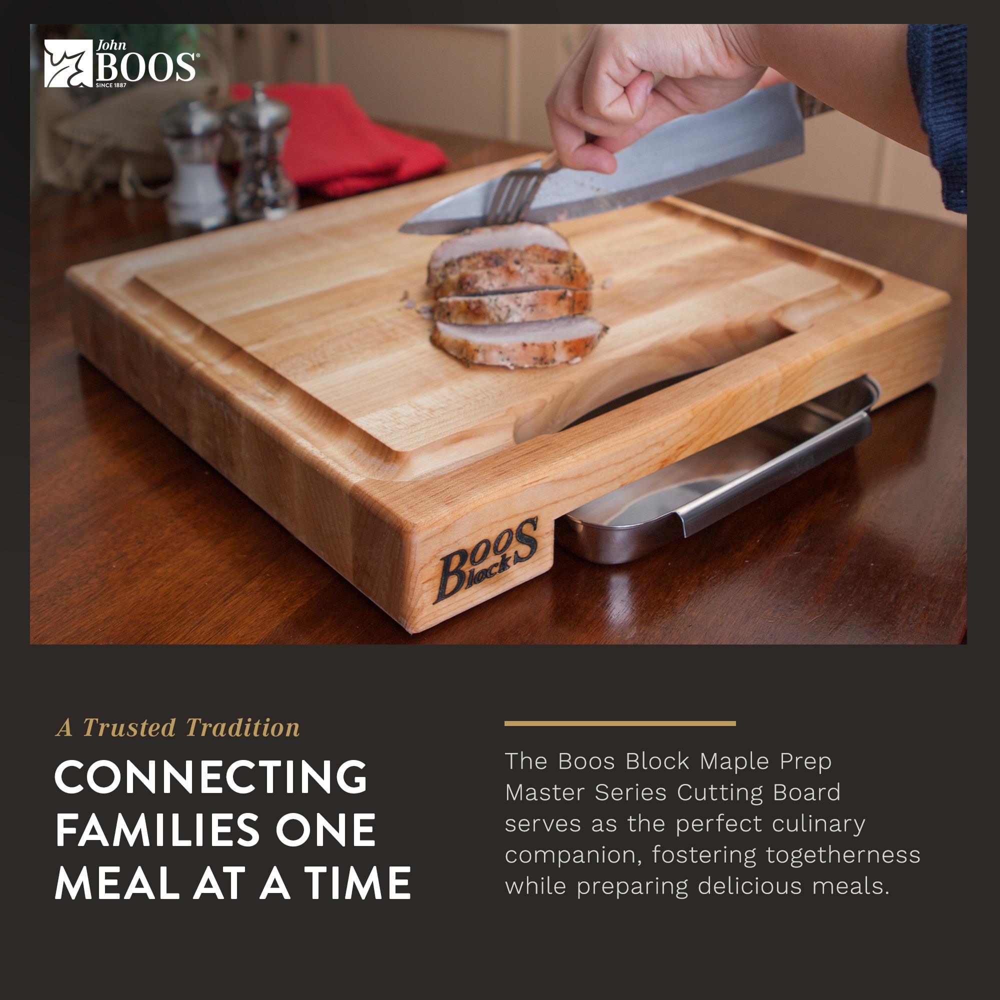 John Boos Boos Block Newton Prep Master Reversible Wood Cutting Board with Juice Groove and Pan, 2.25-Inch Thickness, 15" x 14" x 2 1/4", Maple