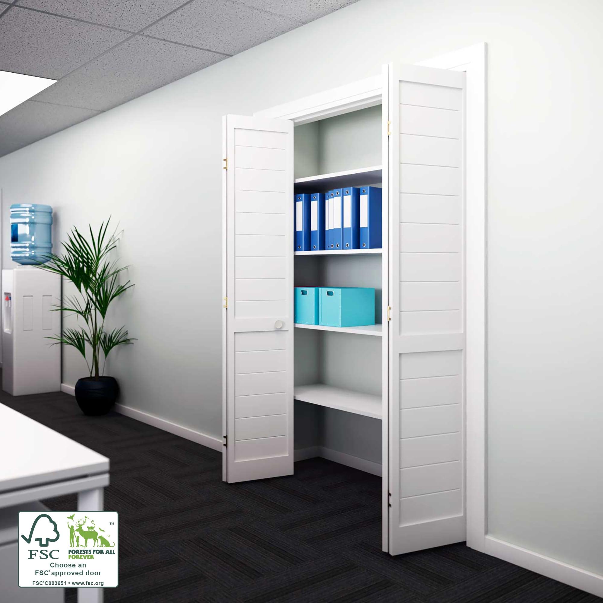 EightDoors 80-in Louvered Wood Finished Painted Flat Bi-Fold Door