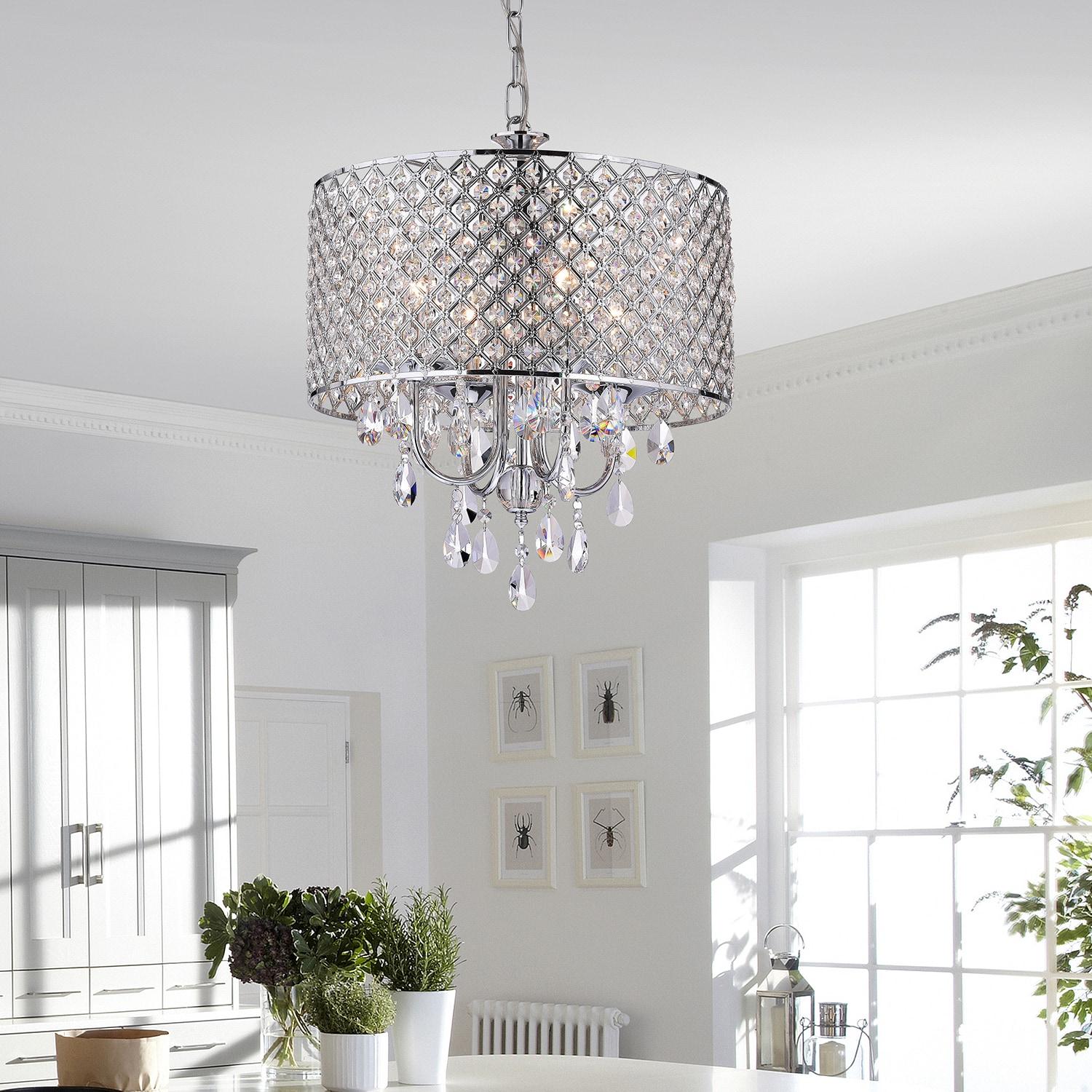 Chrome and Crystal 4-Light Drum Chandelier with Beaded Shade