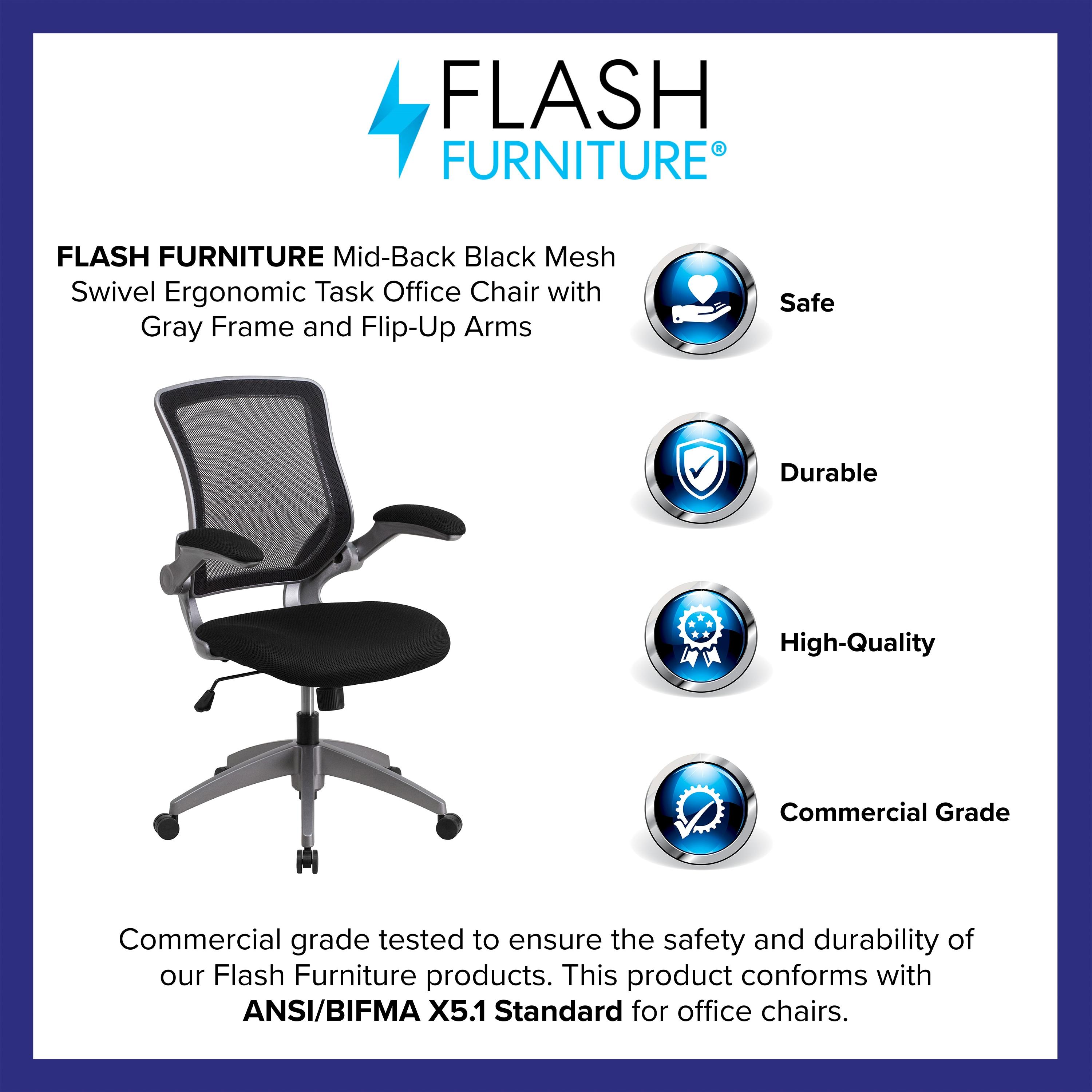 Flash Furniture Mid-Back Black Mesh Swivel Ergonomic Task Office Chair with Gray Frame and Flip-Up Arms