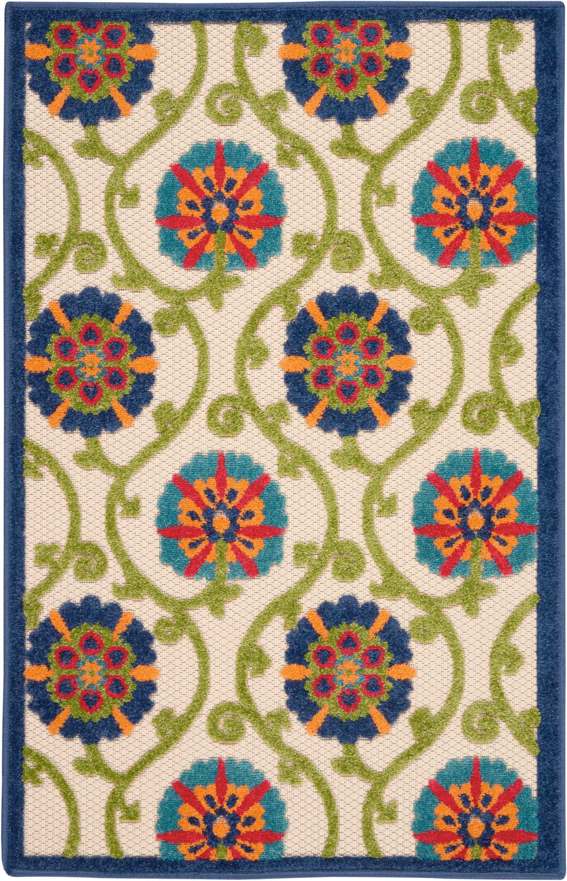 Nourison Aloha Contemporary Floral Flatweave High-Low Indoor Outdoor Area Rug Blue/Multicolor 2'8" x 4'