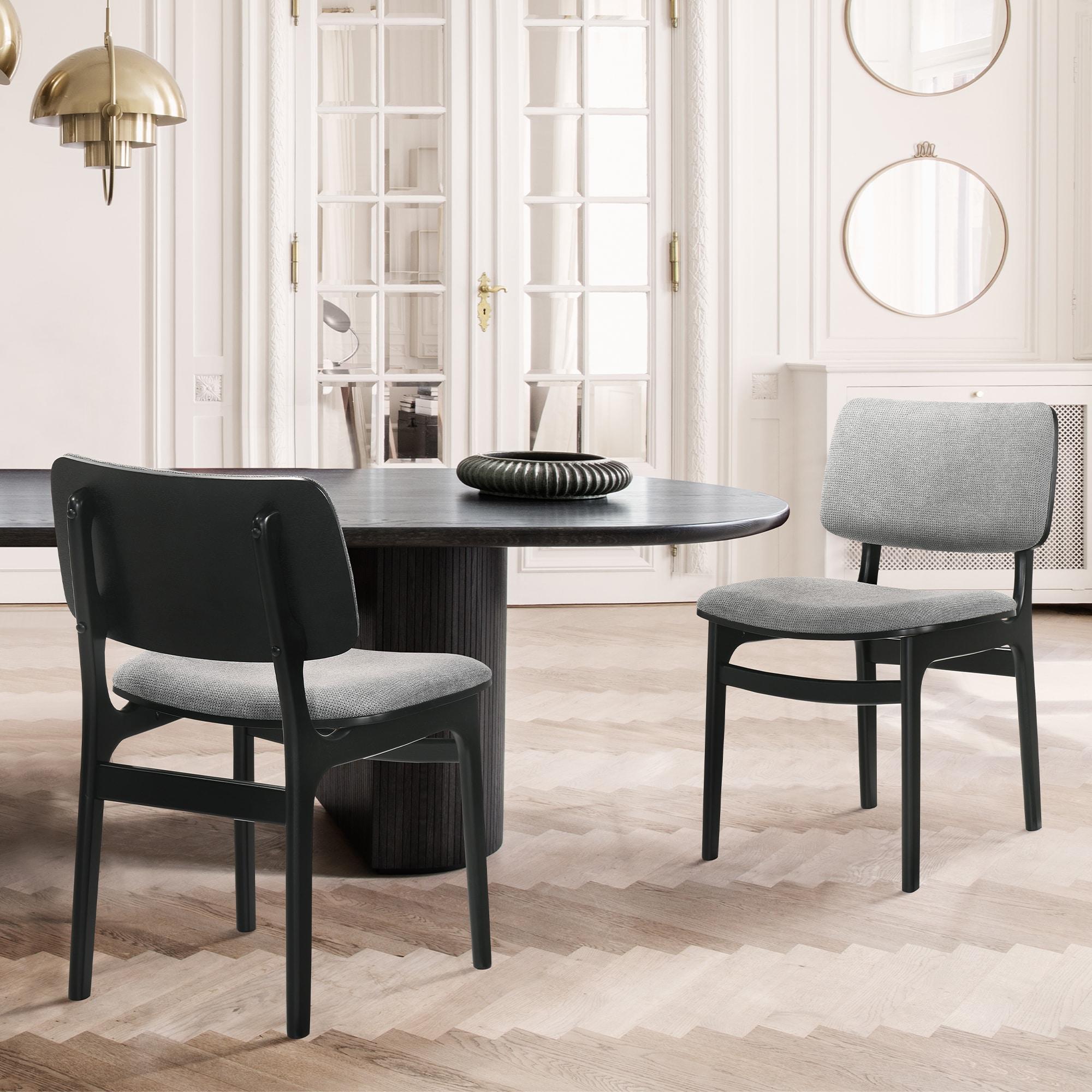 Set of 2 Lima Upholstered Wood Dining Chairs Black - Armen Living: Mid-Century Modern, Rubberwood Frame, Gray Polyester