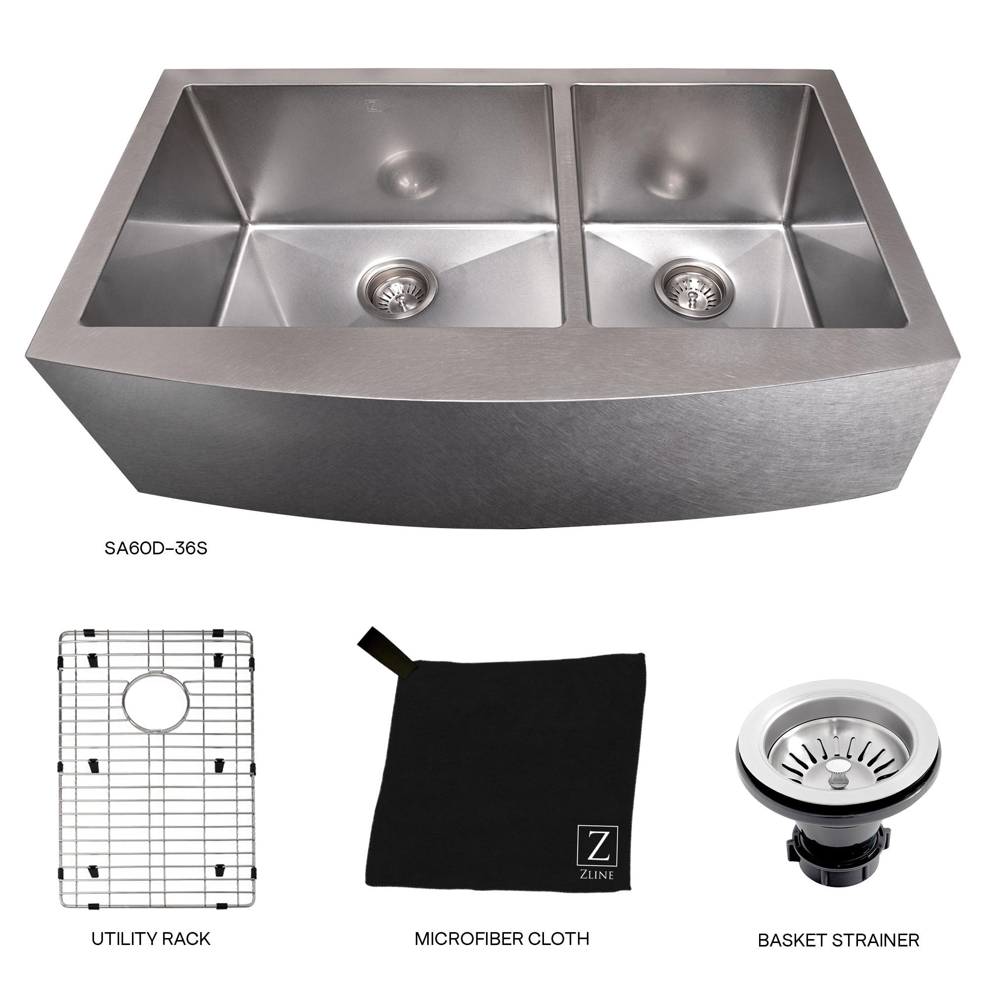 ZLINE 36 in. Courchevel Farmhouse Apron Mount Double Bowl DuraSnow Stainless Steel Kitchen Sink W/ Bottom Grid (SA60D-36S)