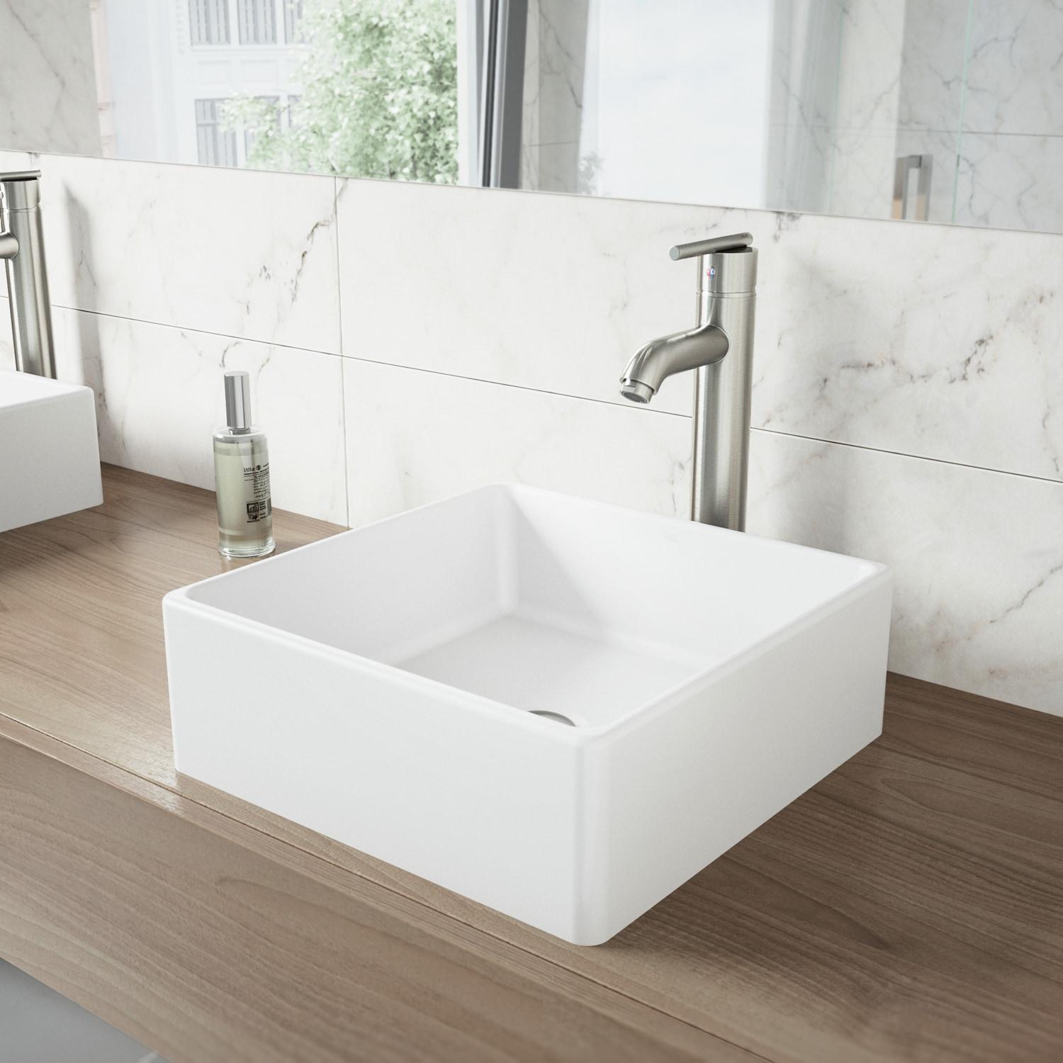 Dianthus 15" L x 15" W x 5" H Matte White Handmade Square Vessel Bathroom Sink