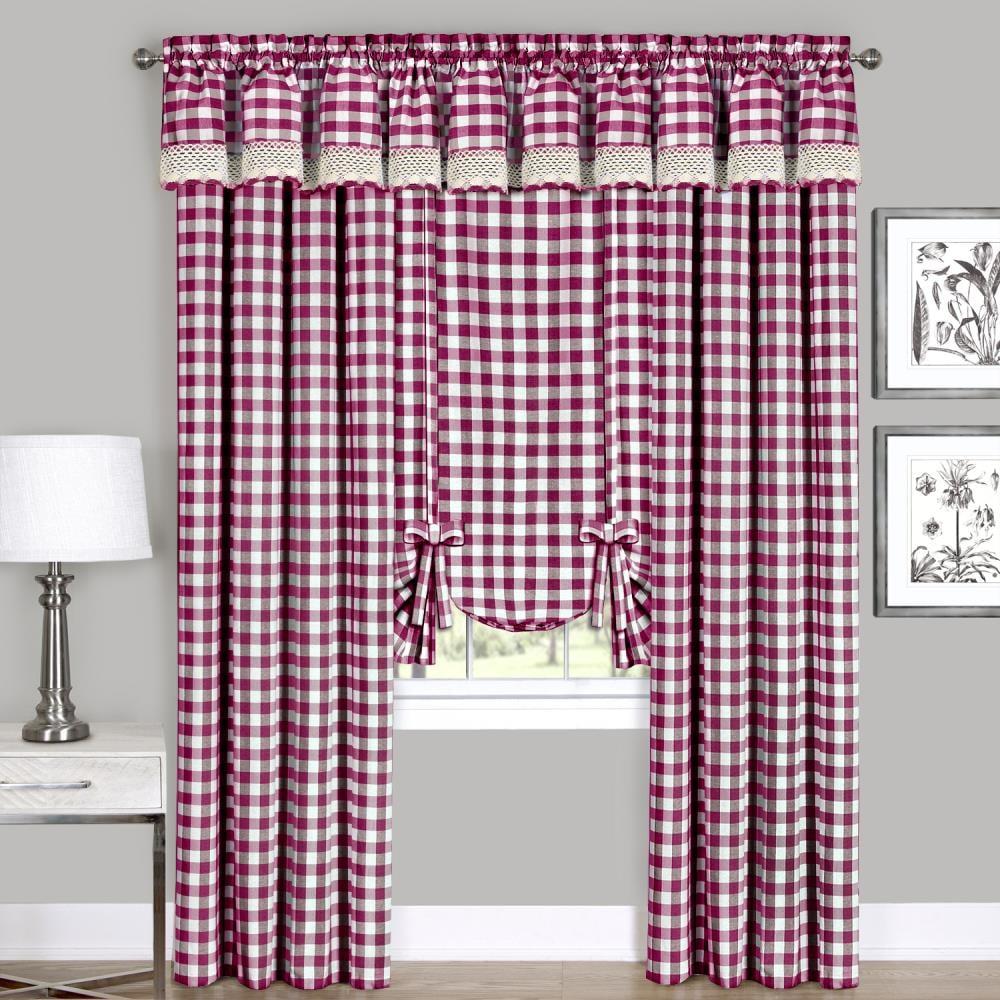 Buffalo Check Plaid Gingham Tie-Up Window Single Curtain, 42" x 63", Burgundy