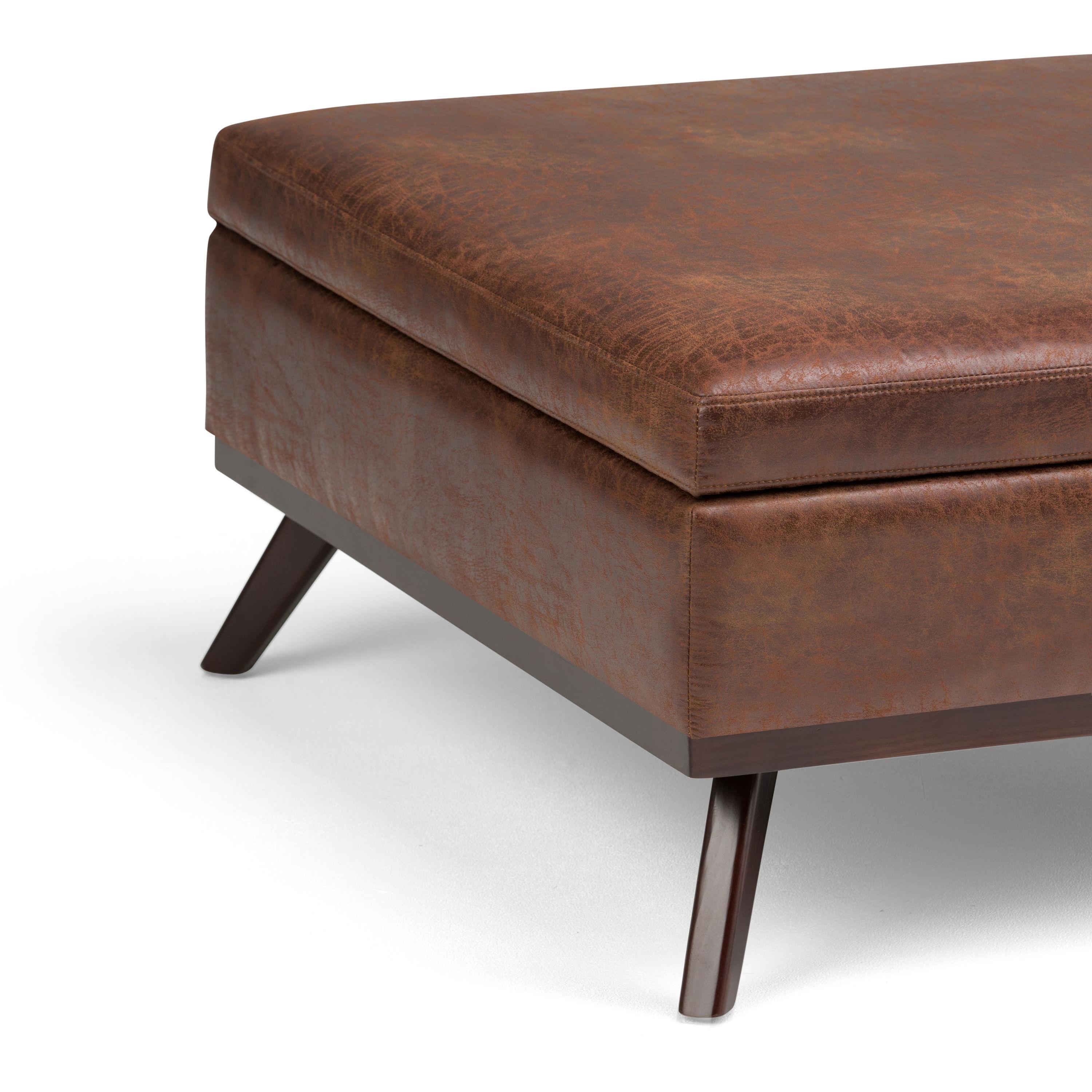 Simpli Home Owen Faux Air Leather Square Coffee Table Ottoman in Saddle Brown