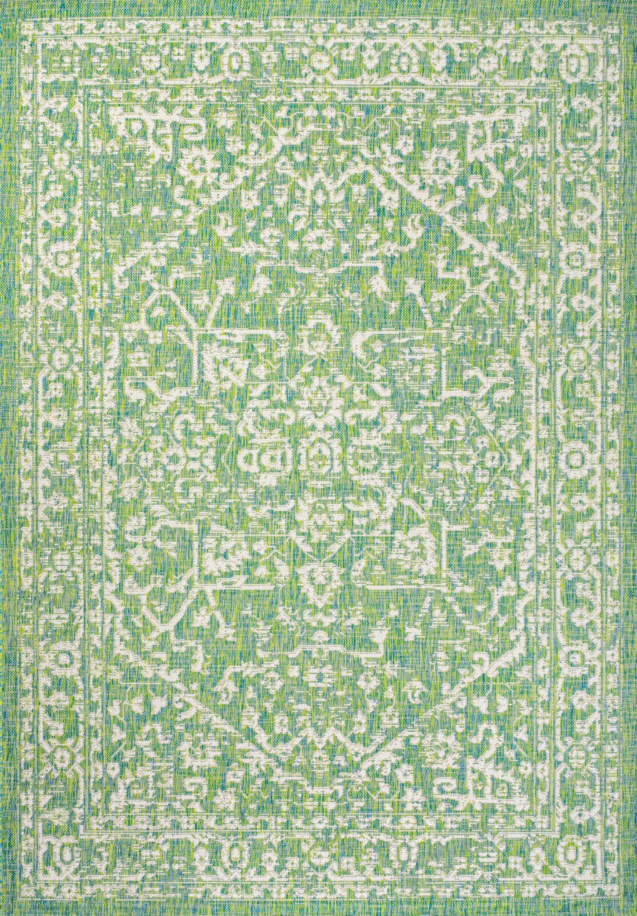 4' x 6' Malta Bohemian Medallion Textured Weave Indoor/Outdoor Area Rug, Cream/Green - JONATHAN Y