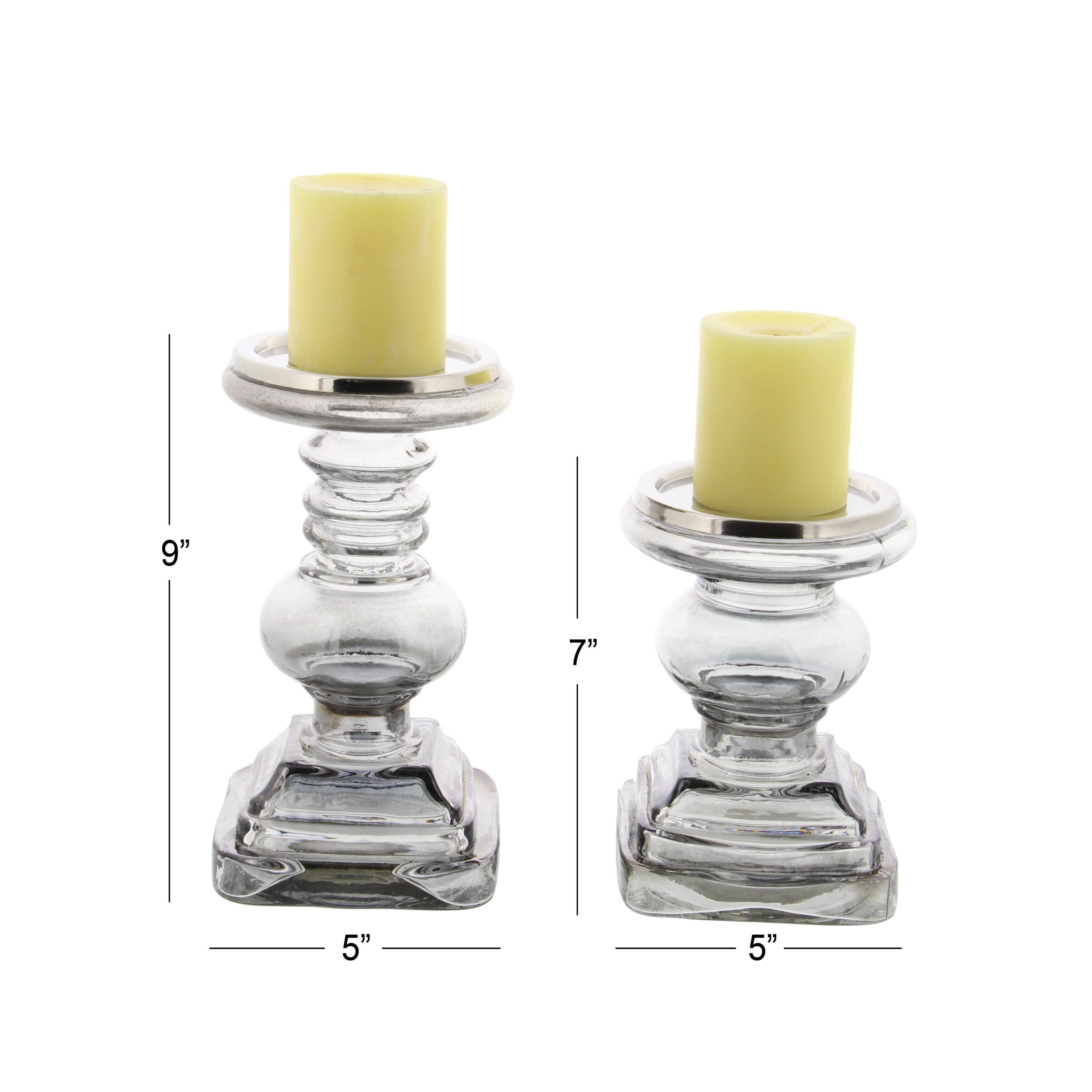 DecMode 2 Candle Silver Glass Handmade Turned Style Pillar Candle Holder, Set of 2