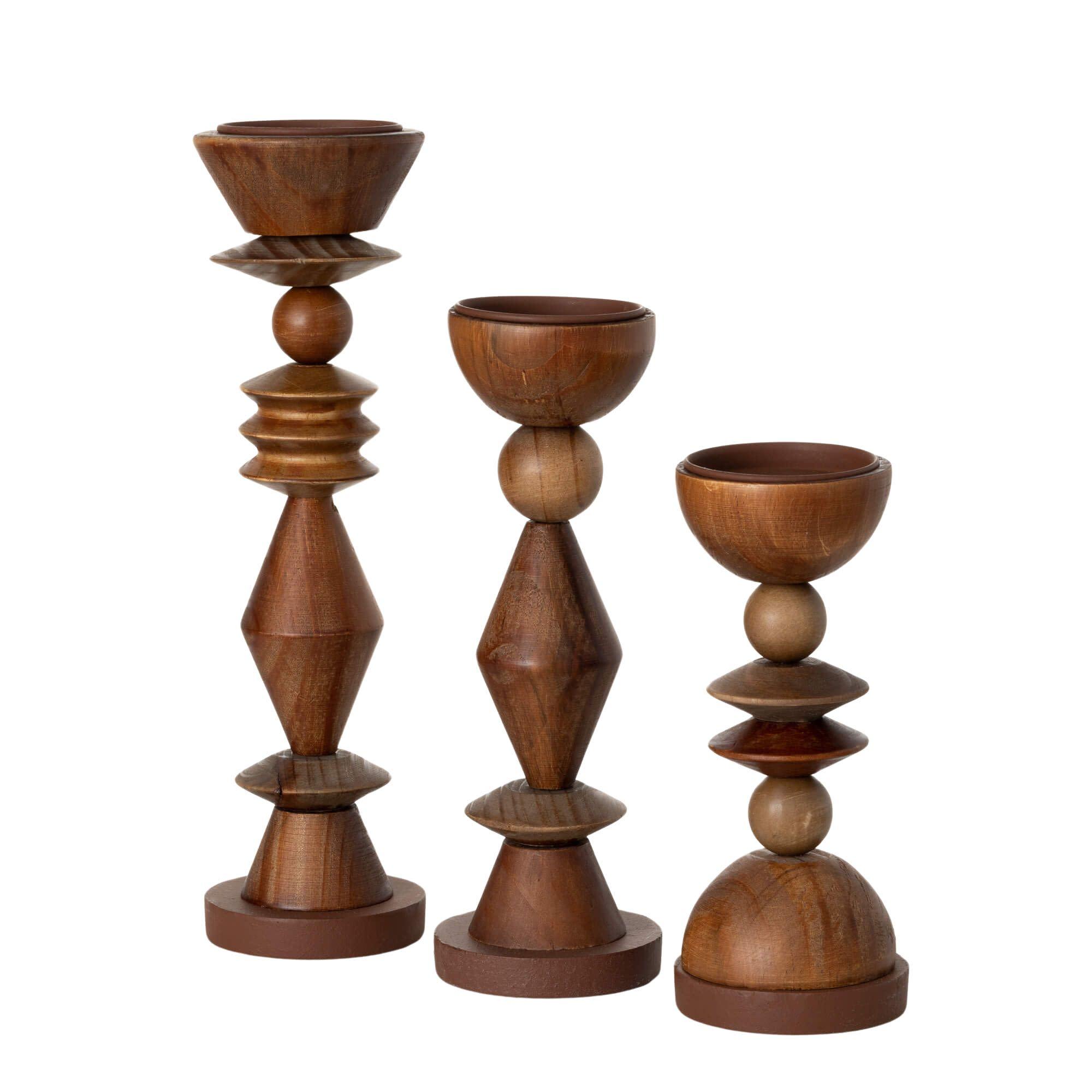 Sullivans 15.75", 12.5" & 10.25" Retro Wood Candle Holder Set of 3