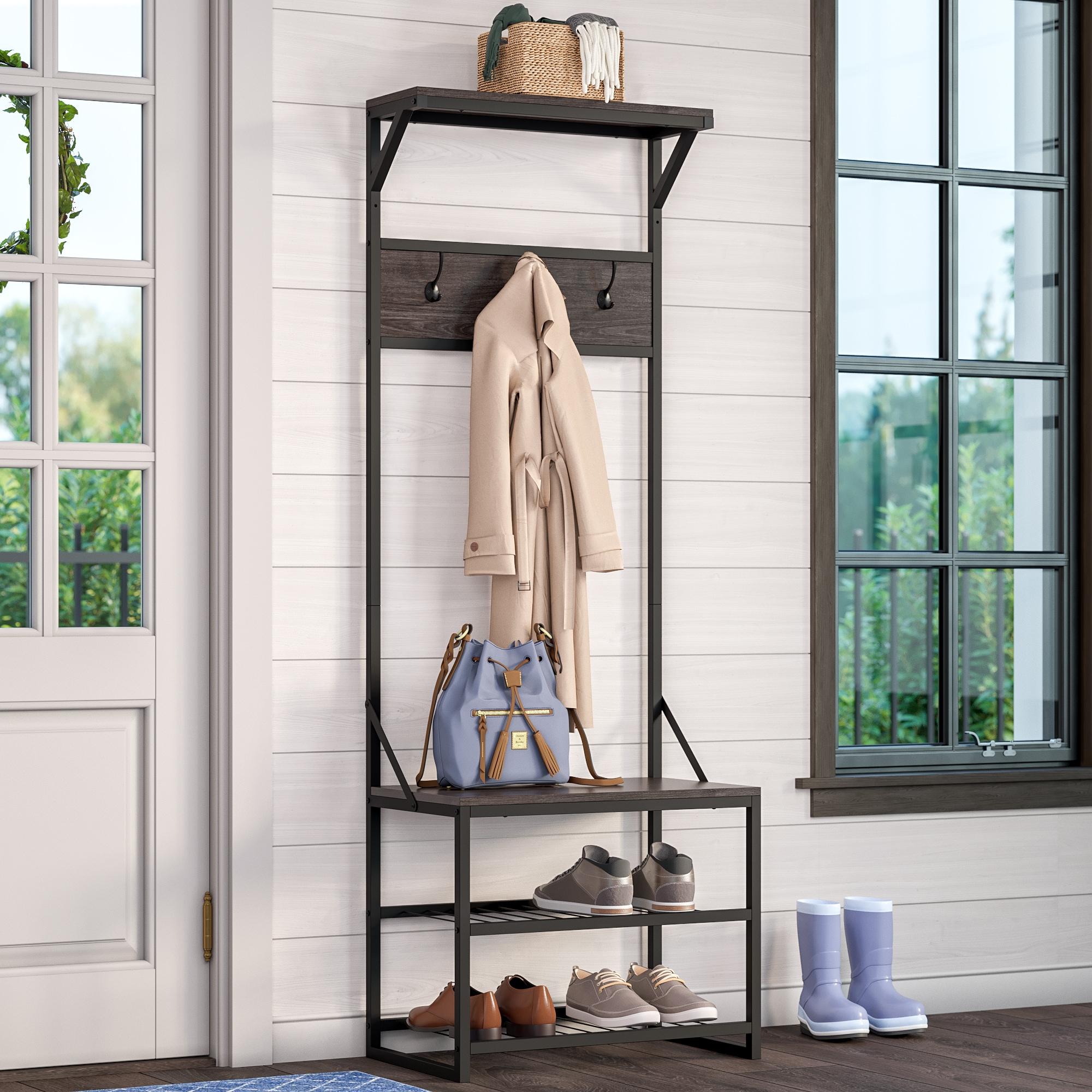 RiverRidge Afton Hall Tree Shoe Storage Organizer Cabinet with Hooks and Top Storage Shelf Entryway Bench Seat - Weathered Woodgrain and Black Metal Frame