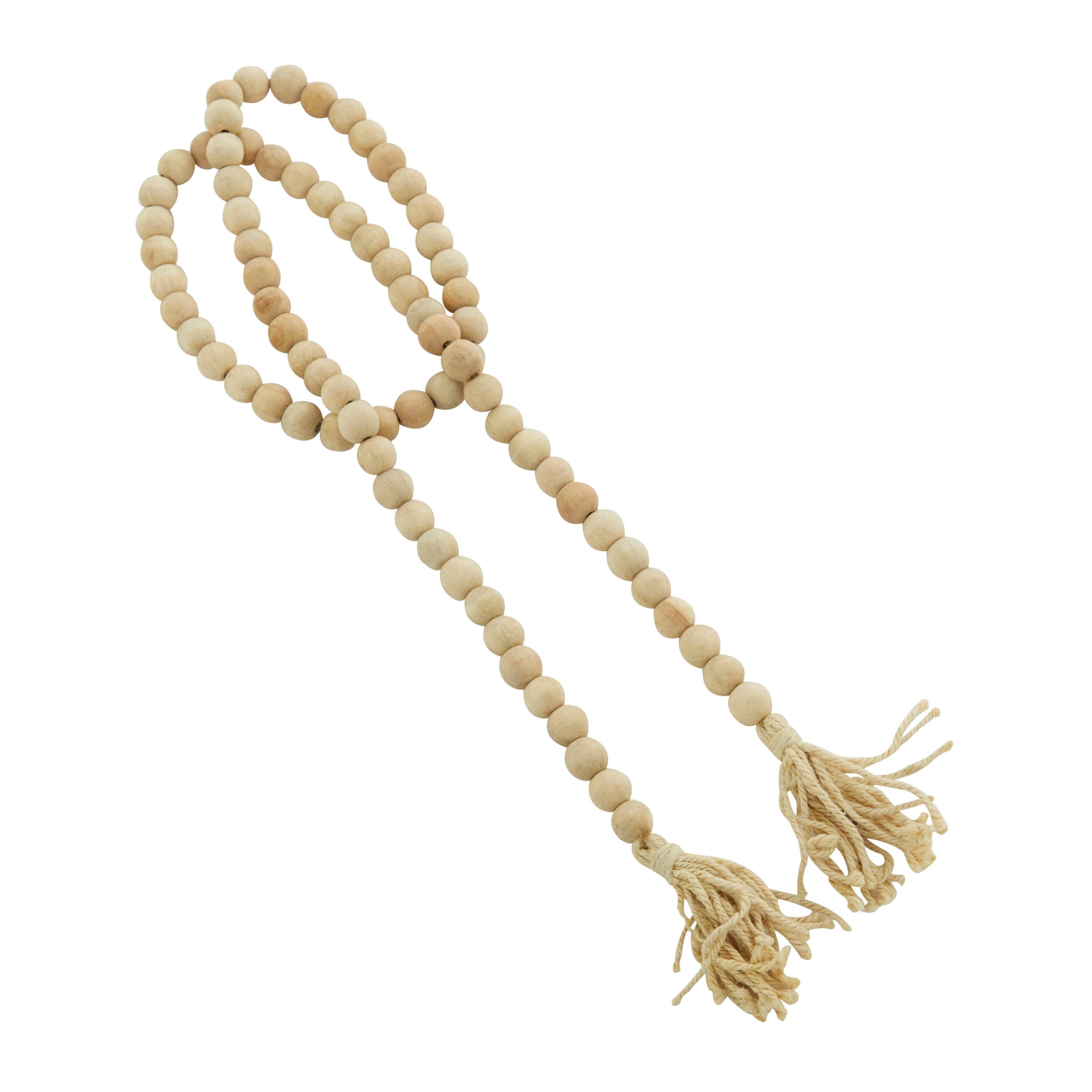 DecMode Light Brown Wood Bohemian Garland Décor with Geometric Bead Details and Cream Cotton Tassel, 87"L